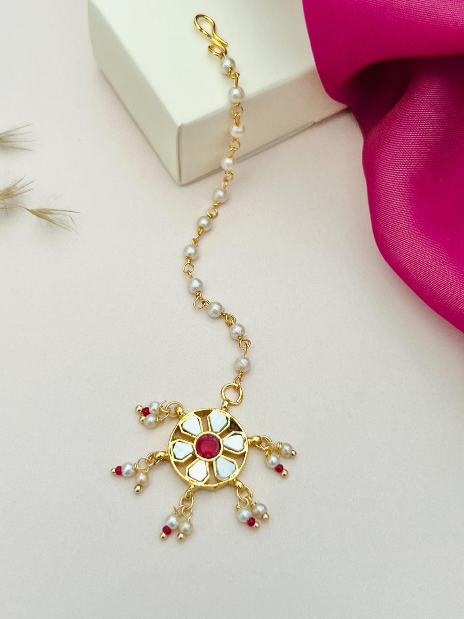 Gold Plated Colourful Paachi Kundan Maangtikka with pearl chain and red stone centerpiece by Abdesignsjewellery
