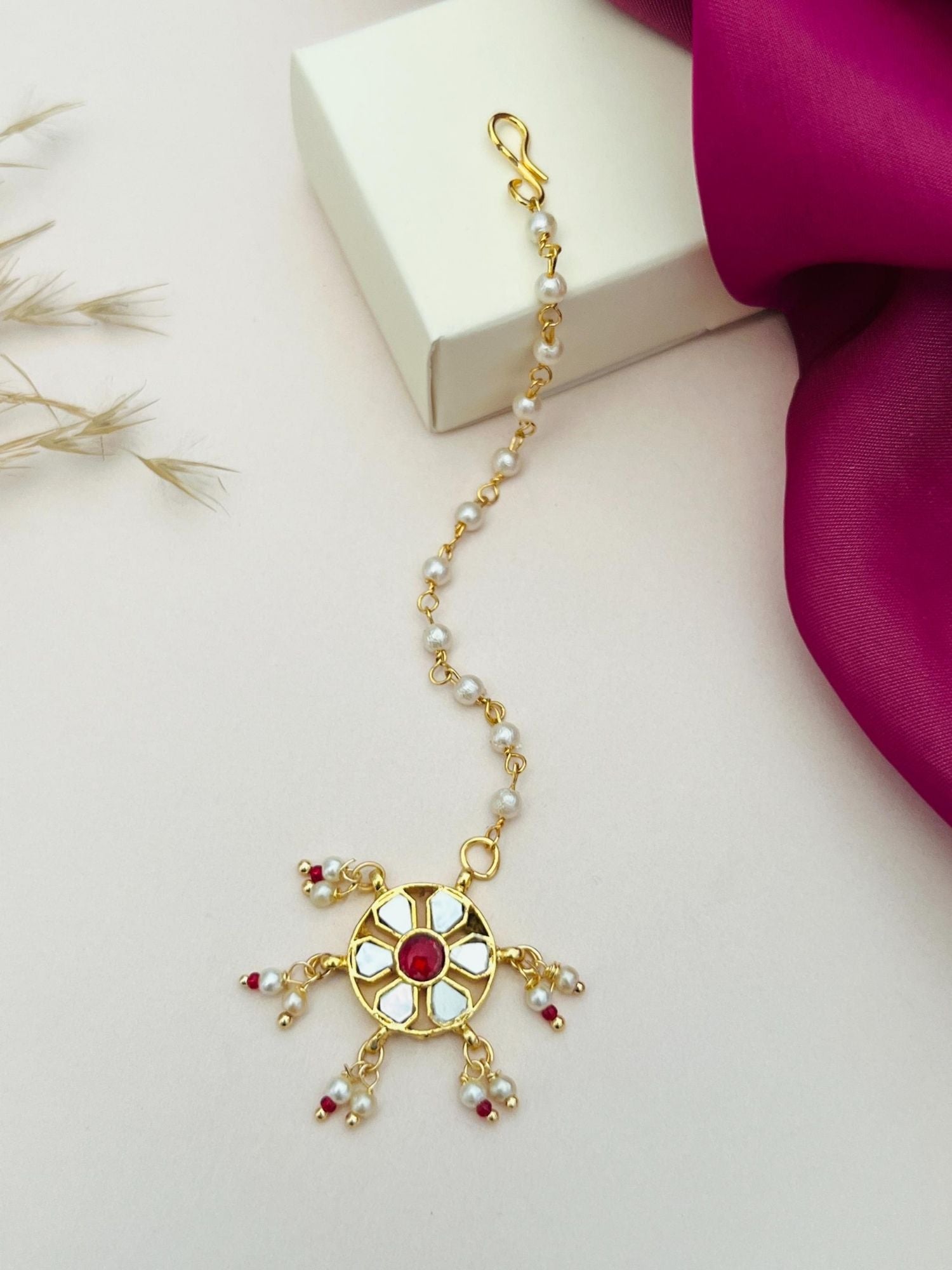 Gold Plated Colourful Paachi Kundan Maangtikka with red and white stones and pearl chain by Abdesignsjewellery