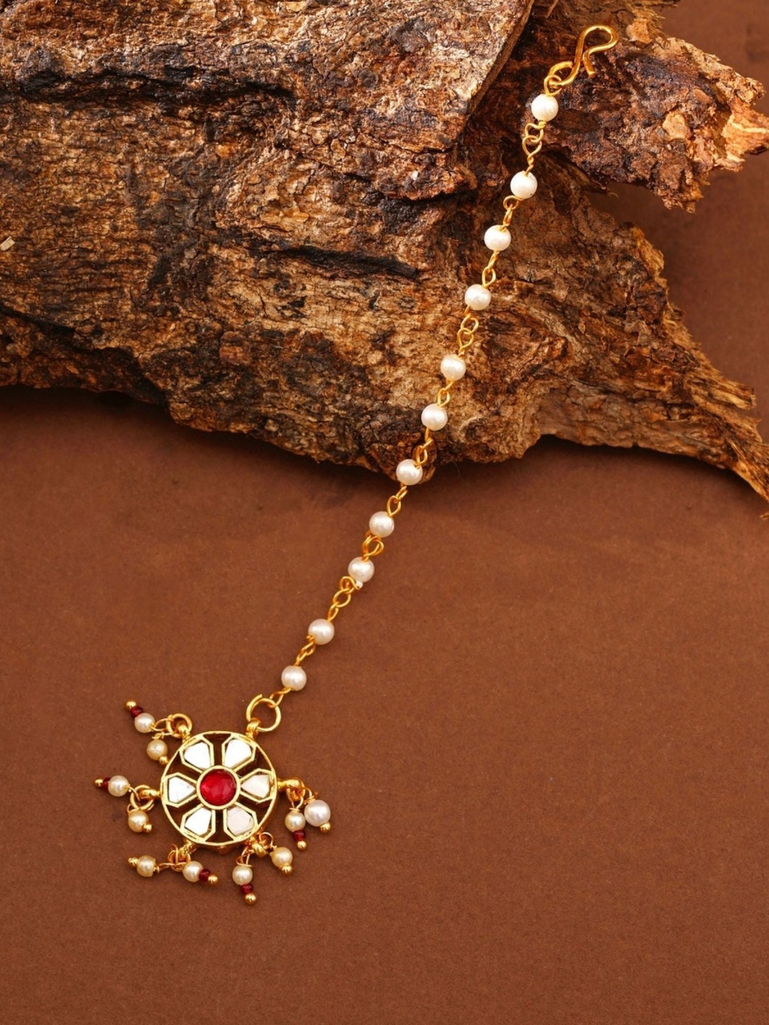 Gold Plated Colourful Paachi Kundan Maangtikka with pearls and red center stone by Abdesignsjewellery