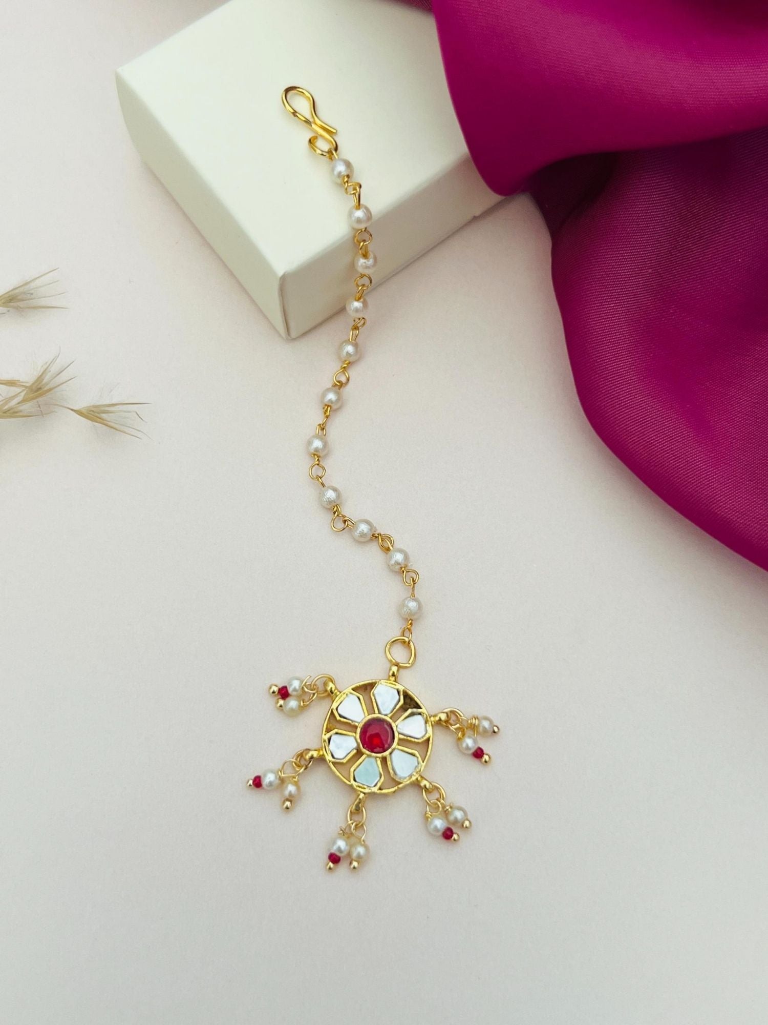 Gold Plated Colourful Paachi Kundan Maangtikka with red and white stones and pearl accents by Abdesignsjewellery