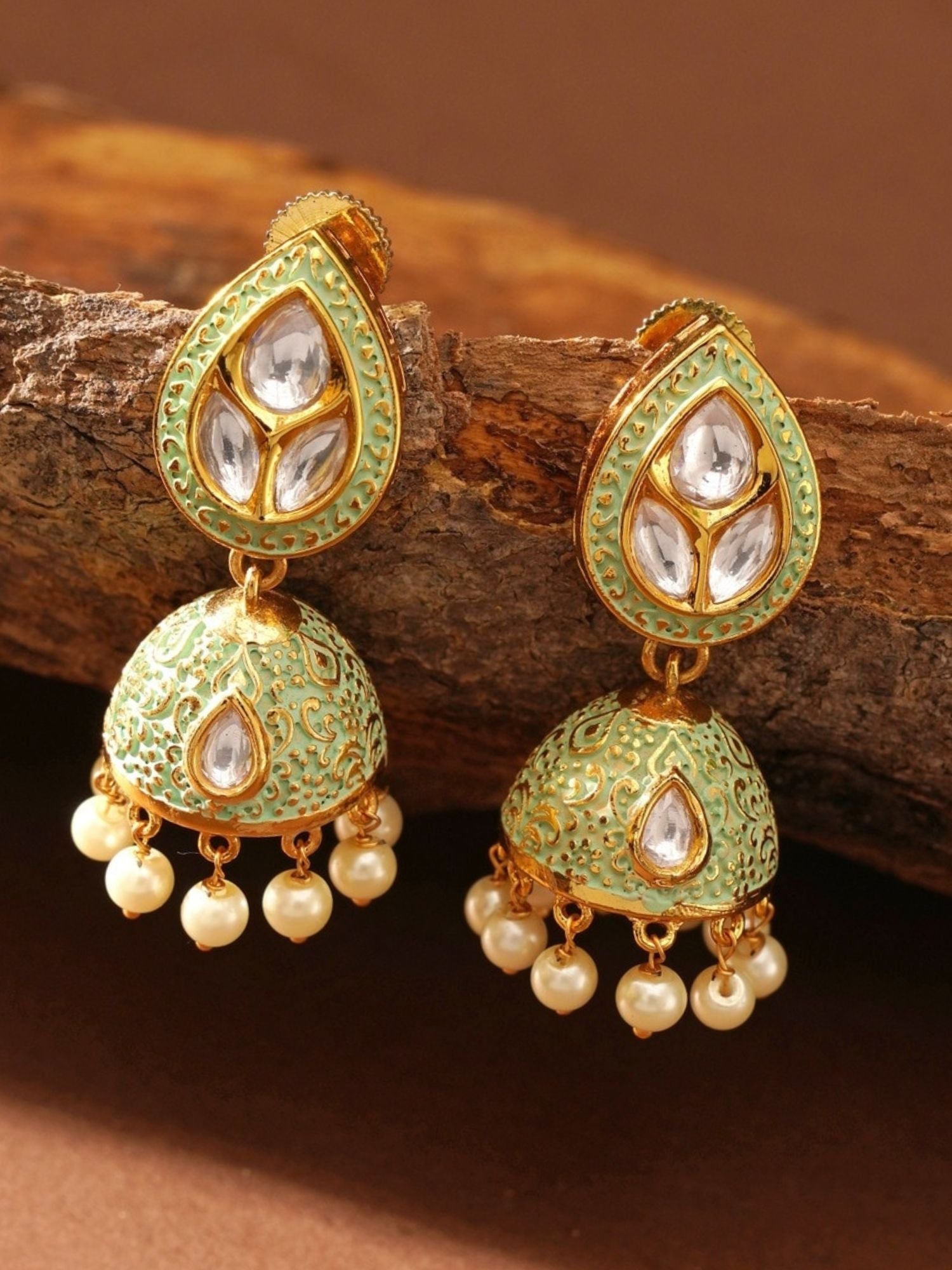 Gold Plated Green Meenakari Kundan Jhumka Earrings with pearl dangles by Abdesignsjewellery
