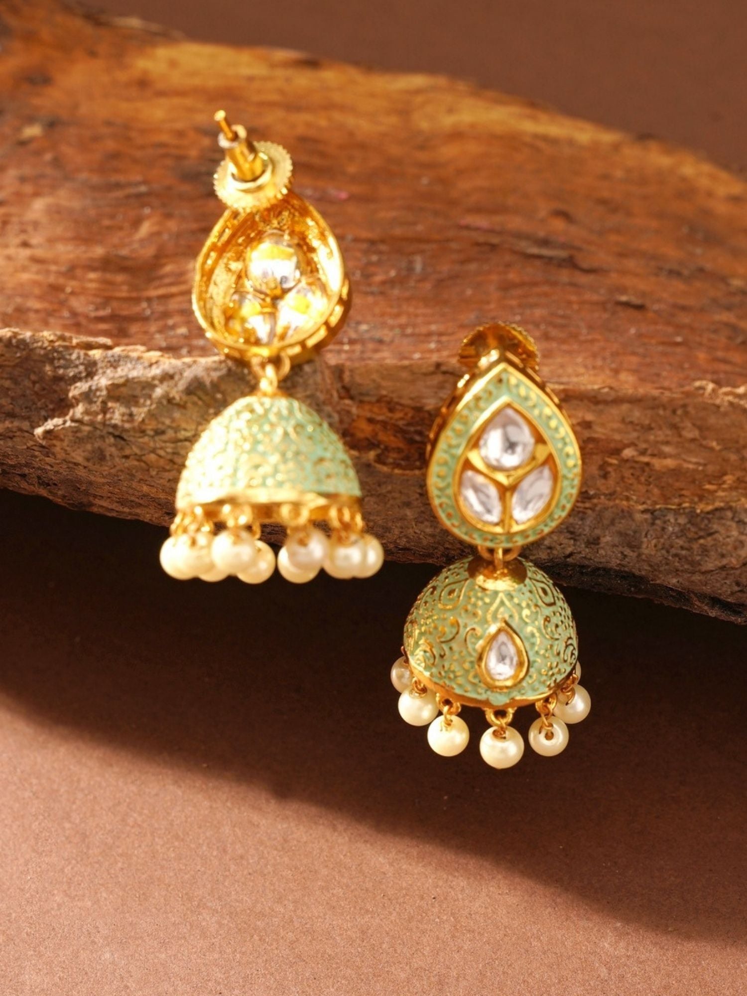 Gold Plated Green Meenakari Kundan Jhumka Earrings with pearl detailing by Abdesignsjewellery