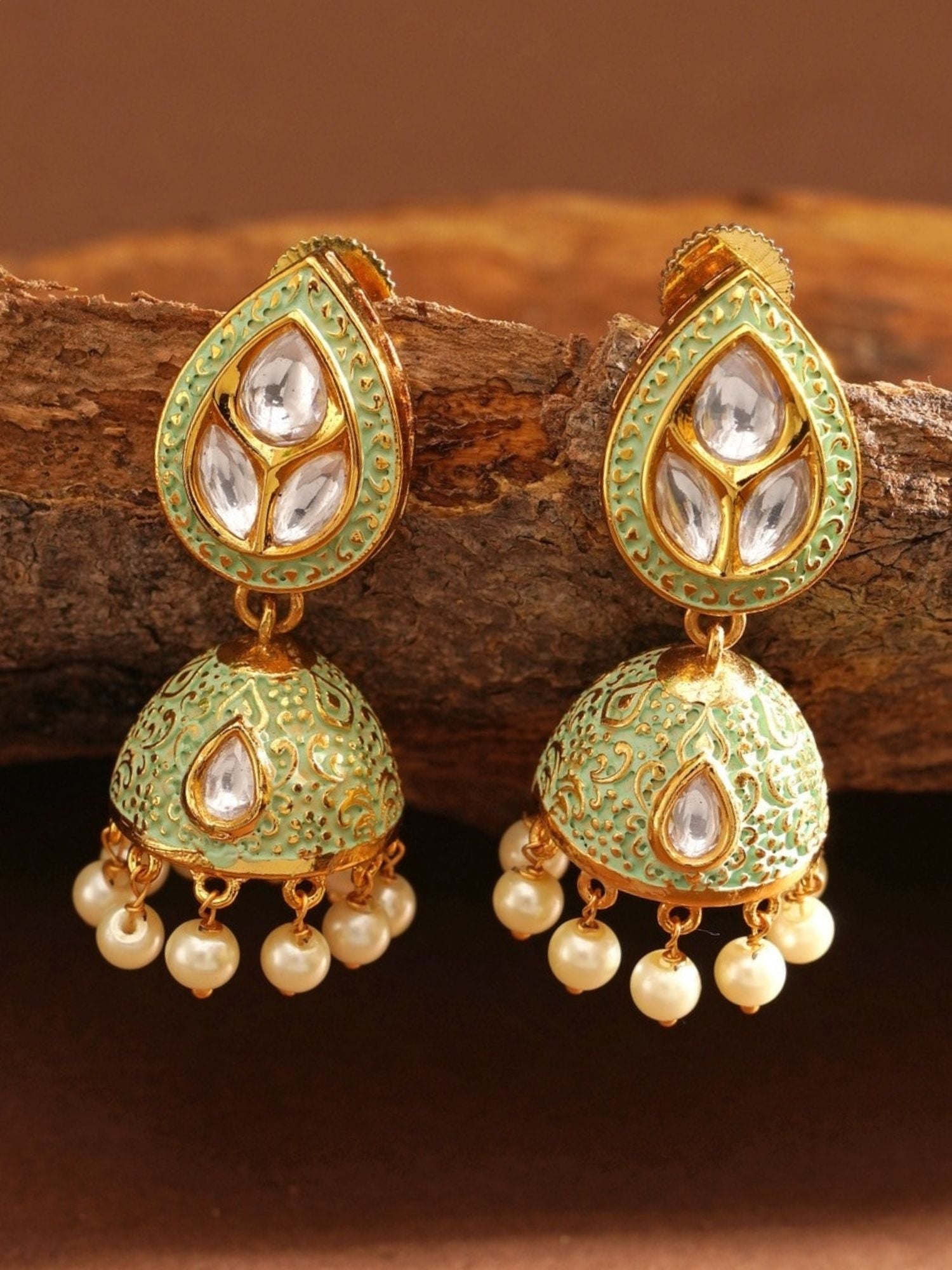 Gold Plated Green Meenakari Kundan Jhumka Earrings by Abdesignsjewellery with pearl dangles