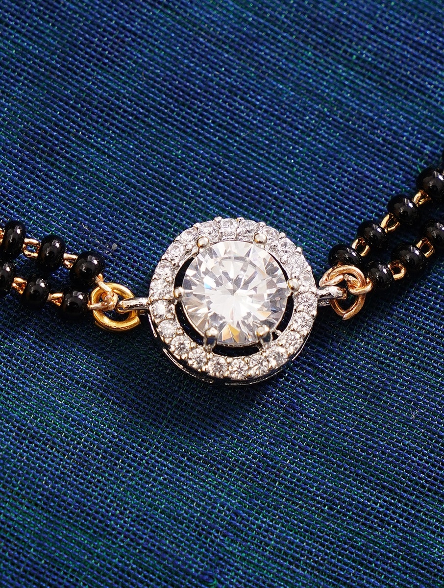 Gold Plated Hand Mangalsutra with black beads and central round white stone pendant