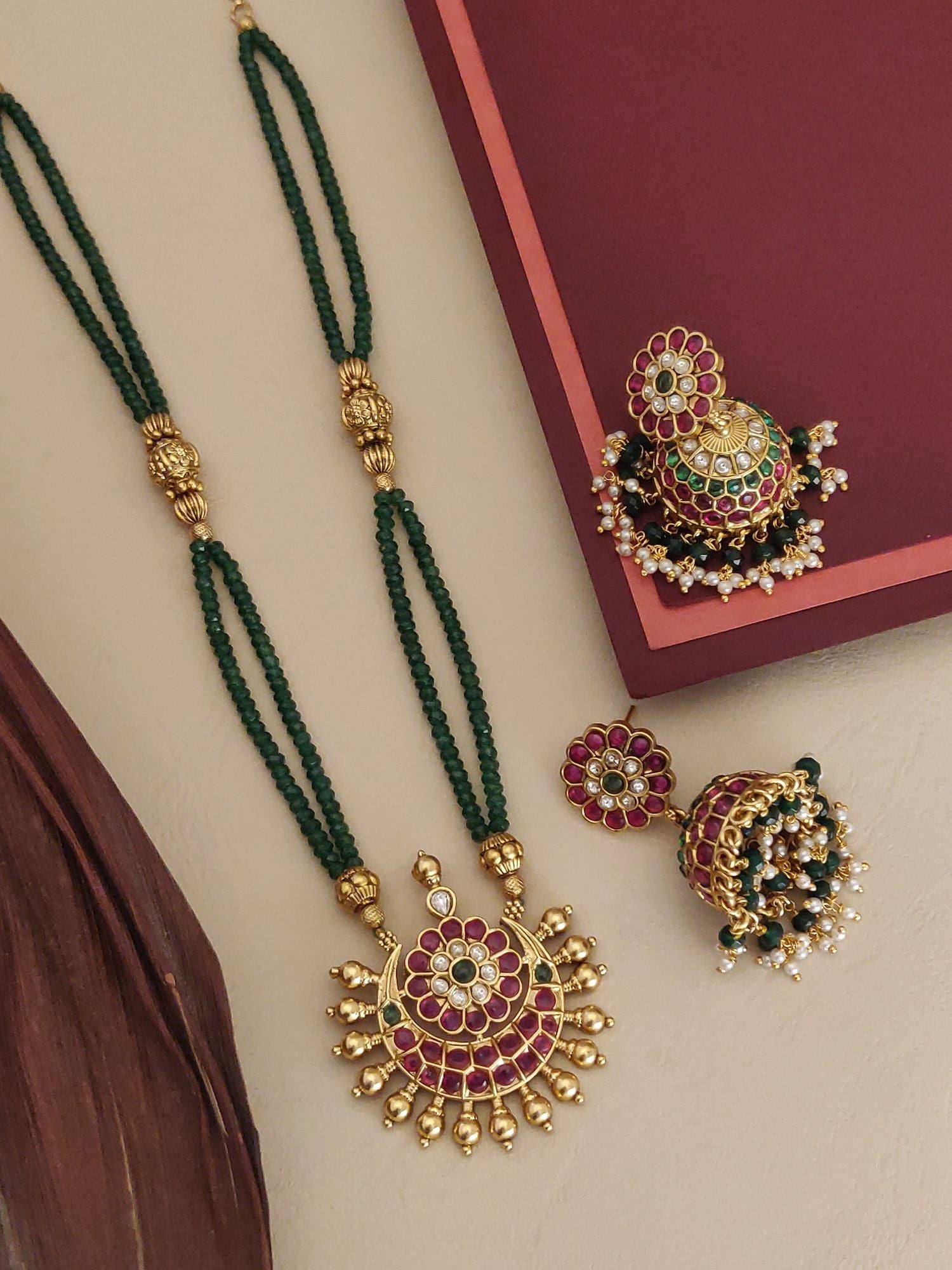Traditional Gold Plated Kemp Necklace set featuring intricate design with colorful stone embellishments.