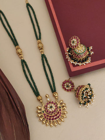 Traditional Gold Plated Kemp Necklace set featuring intricate design with colorful stone embellishments.