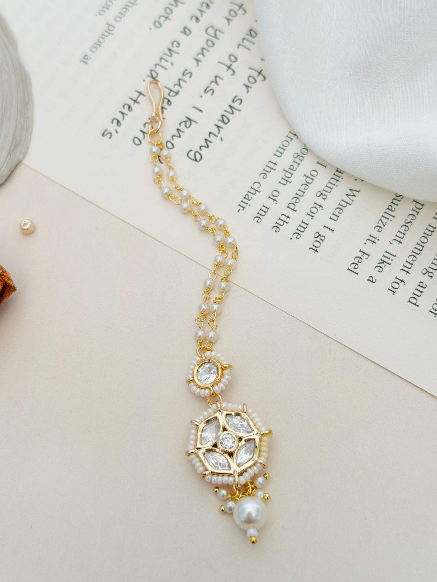 Abdesignsjewellery Gold Plated Kundan Maangtikka with white pearls and intricate design
