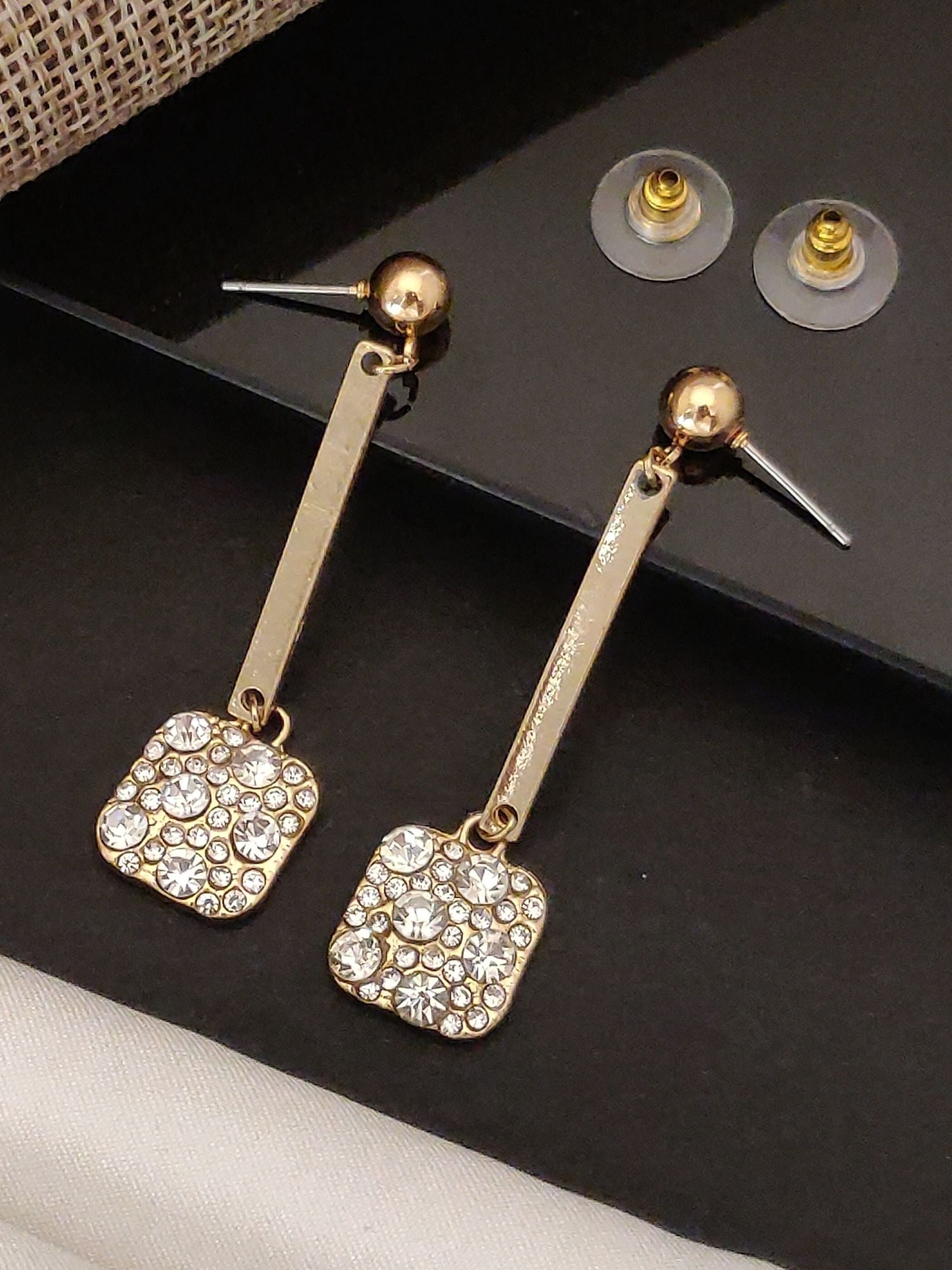 Gold Plated Long Western Dangle Earring with Sparkling Square Design for Elegant Style
