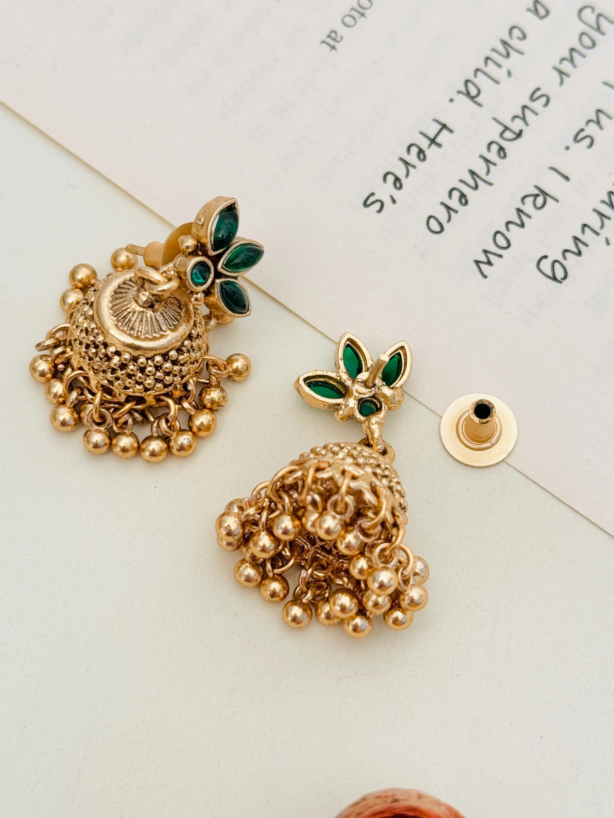 Abdesignsjewellery gold plated matt finish necklace set earrings with green stone accents