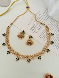 Thumbnail for Gold Plated Matt Finish Necklace Set by Abdesignsjewellery with intricate floral design and green leaf accents