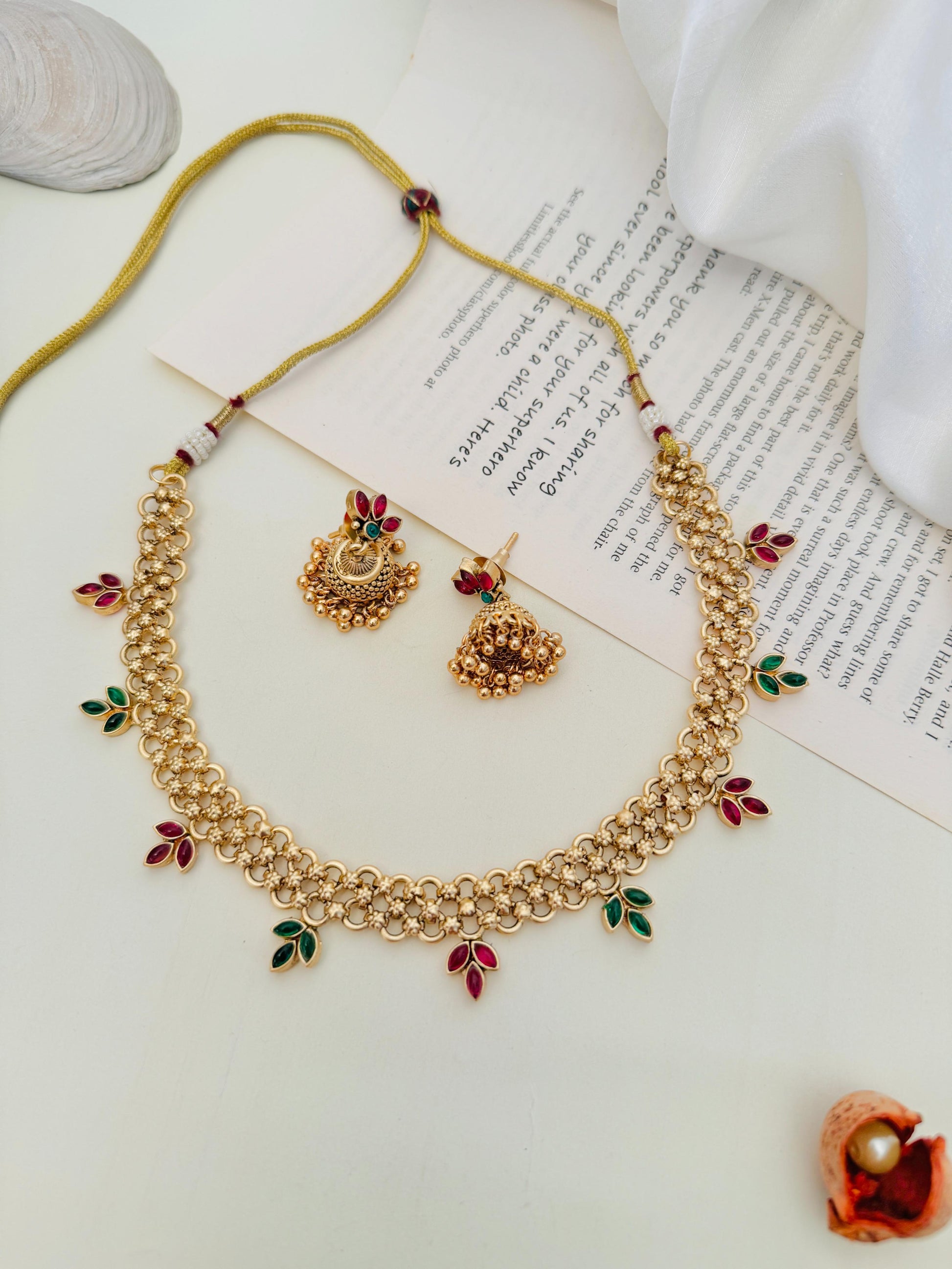 Gold Plated Matt Finish Necklace Set with intricate design and matching earrings by Abdesignsjewellery