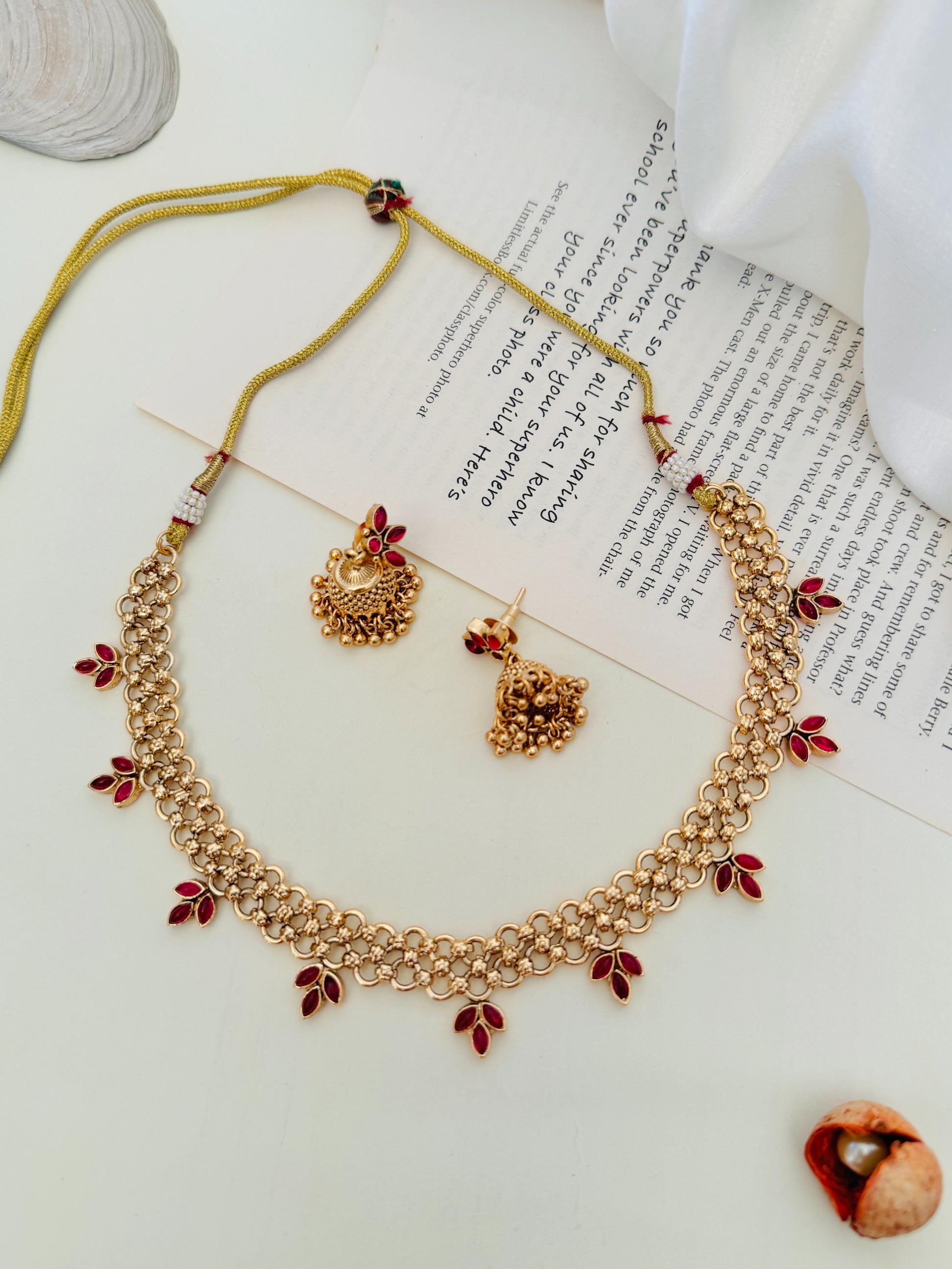 Gold Plated Matt Finish Necklace Set with intricate chain and red gemstone accents by Abdesignsjewellery