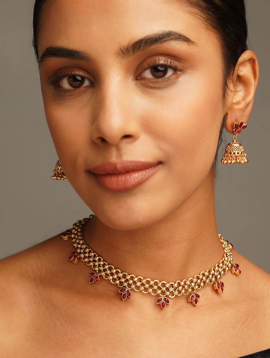Abdesignsjewellery Gold Plated Matt Finish Necklace Set featuring delicate chain with red gemstone accents