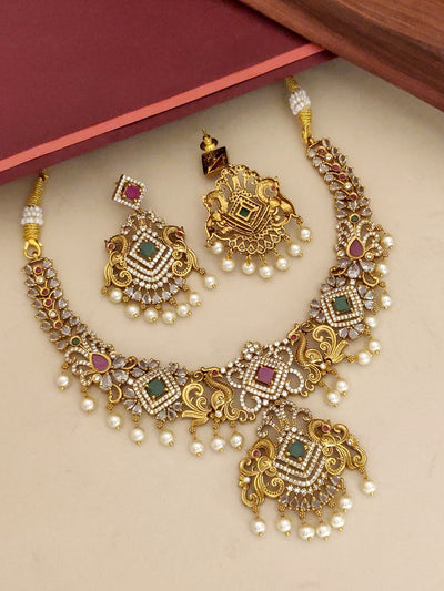 Abdesigns Gold Plated Multicolour Diamond Necklace Set