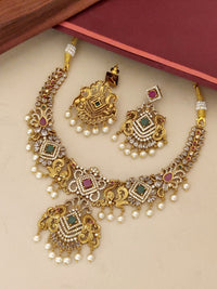 Thumbnail for Gold plated multicolour diamond necklace set featuring intricate designs and pearl embellishments