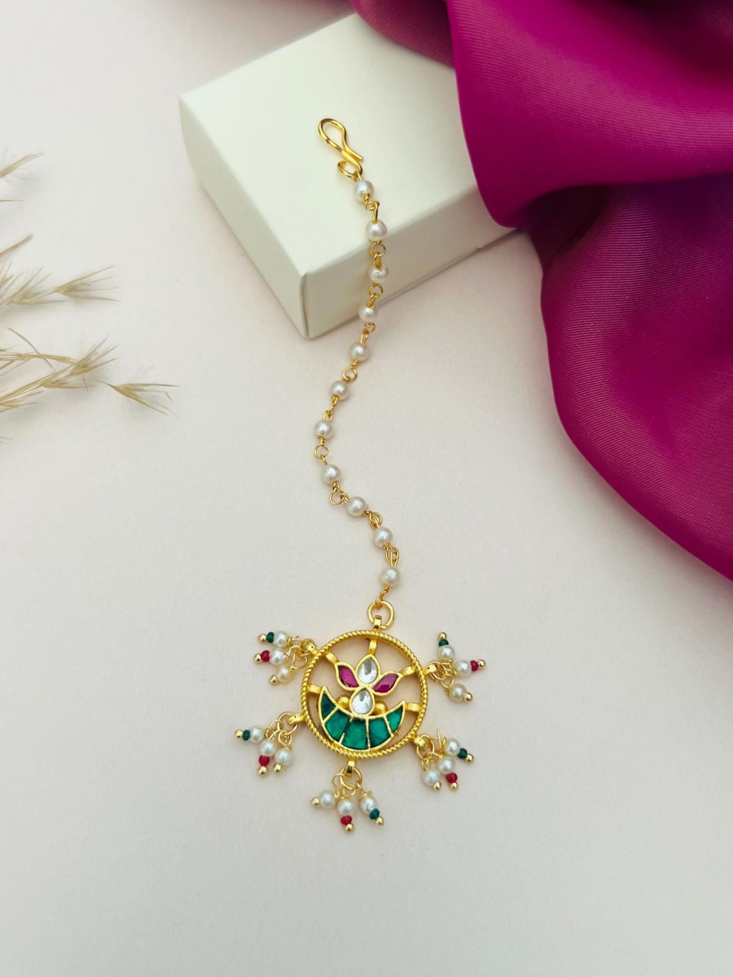 Gold Plated Paachi Kundan Maangtikka with colorful gemstones and pearl chain by Abdesignsjewellery