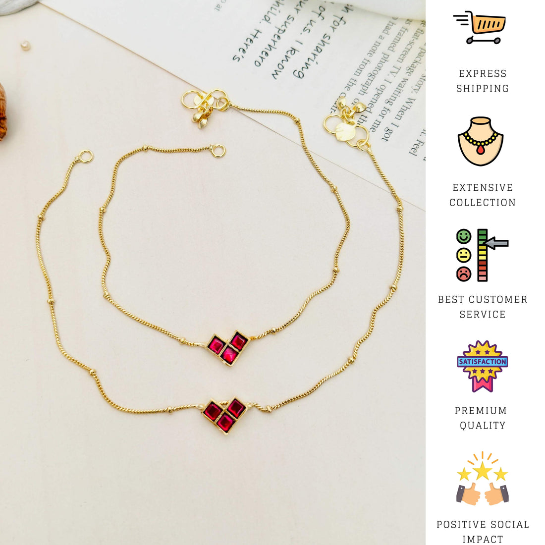 Gold Plated Pachi Kundan Anklets with delicate red stone design worn on ankle