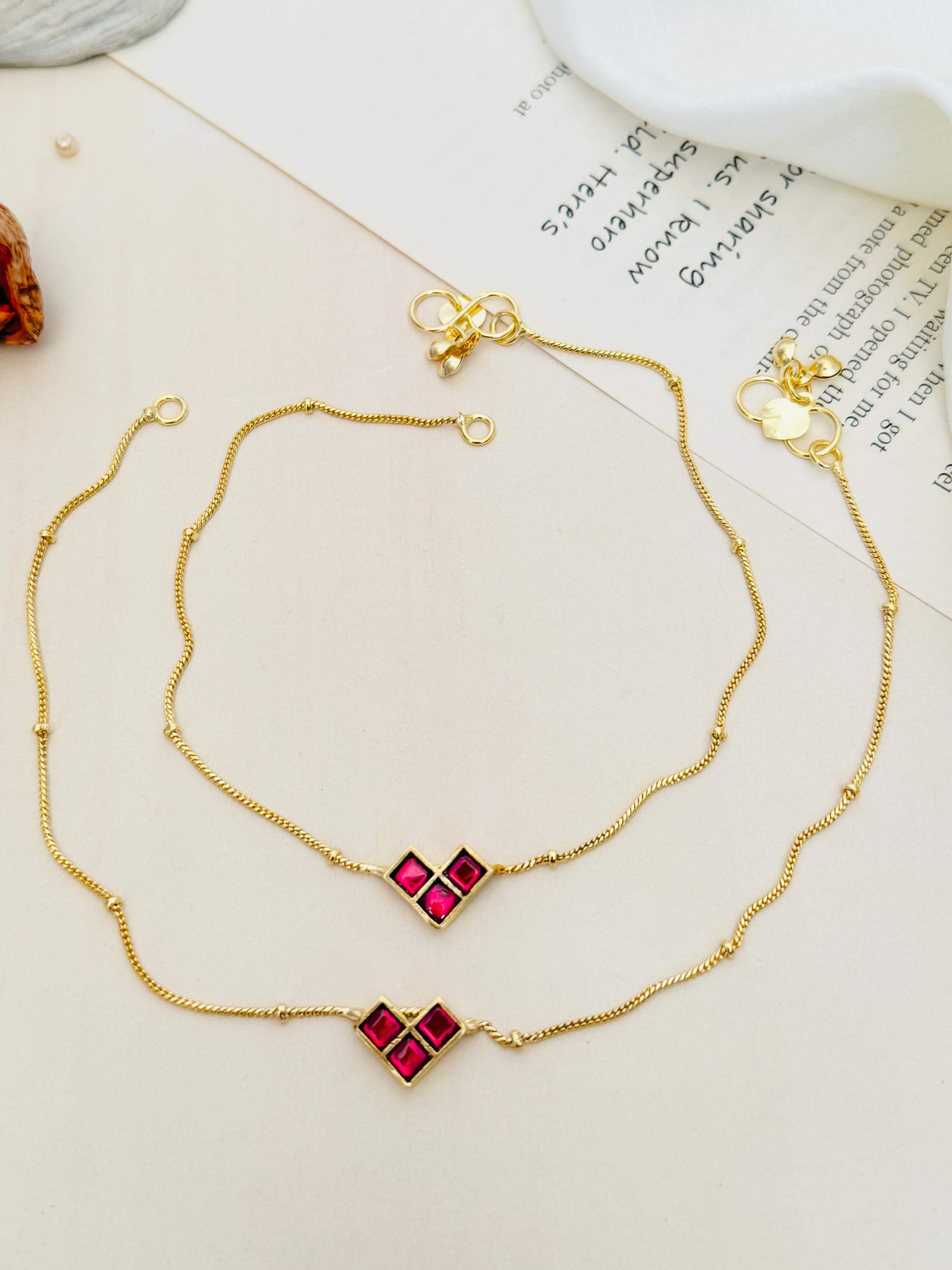 Gold Plated Pachi Kundan Anklets combo with delicate chains and red gemstone accents by Abdesignsjewellery