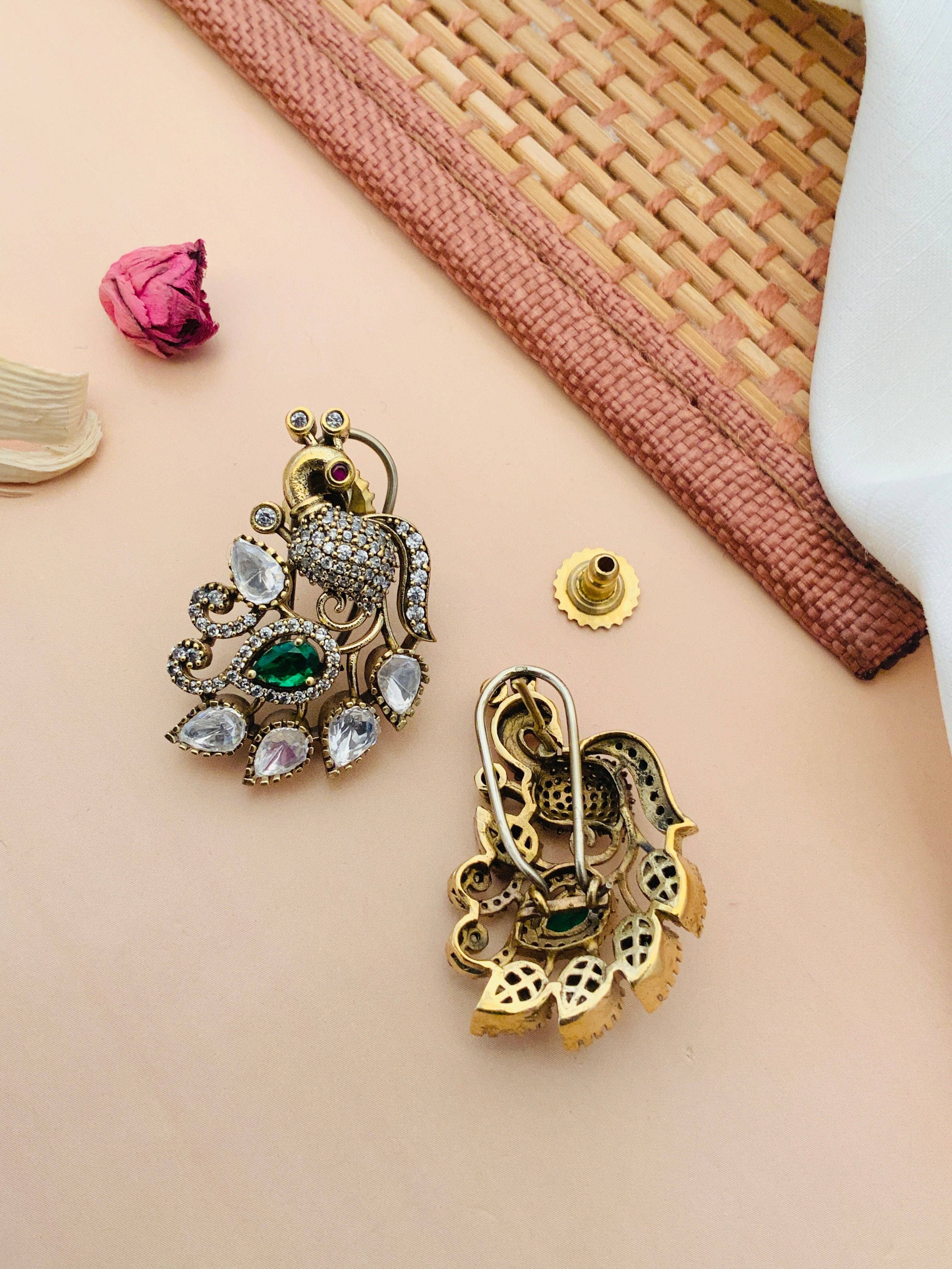 Gold Plated Peacock Polki Stud Earring with intricate design and green and white stones by Abdesignsjewellery
