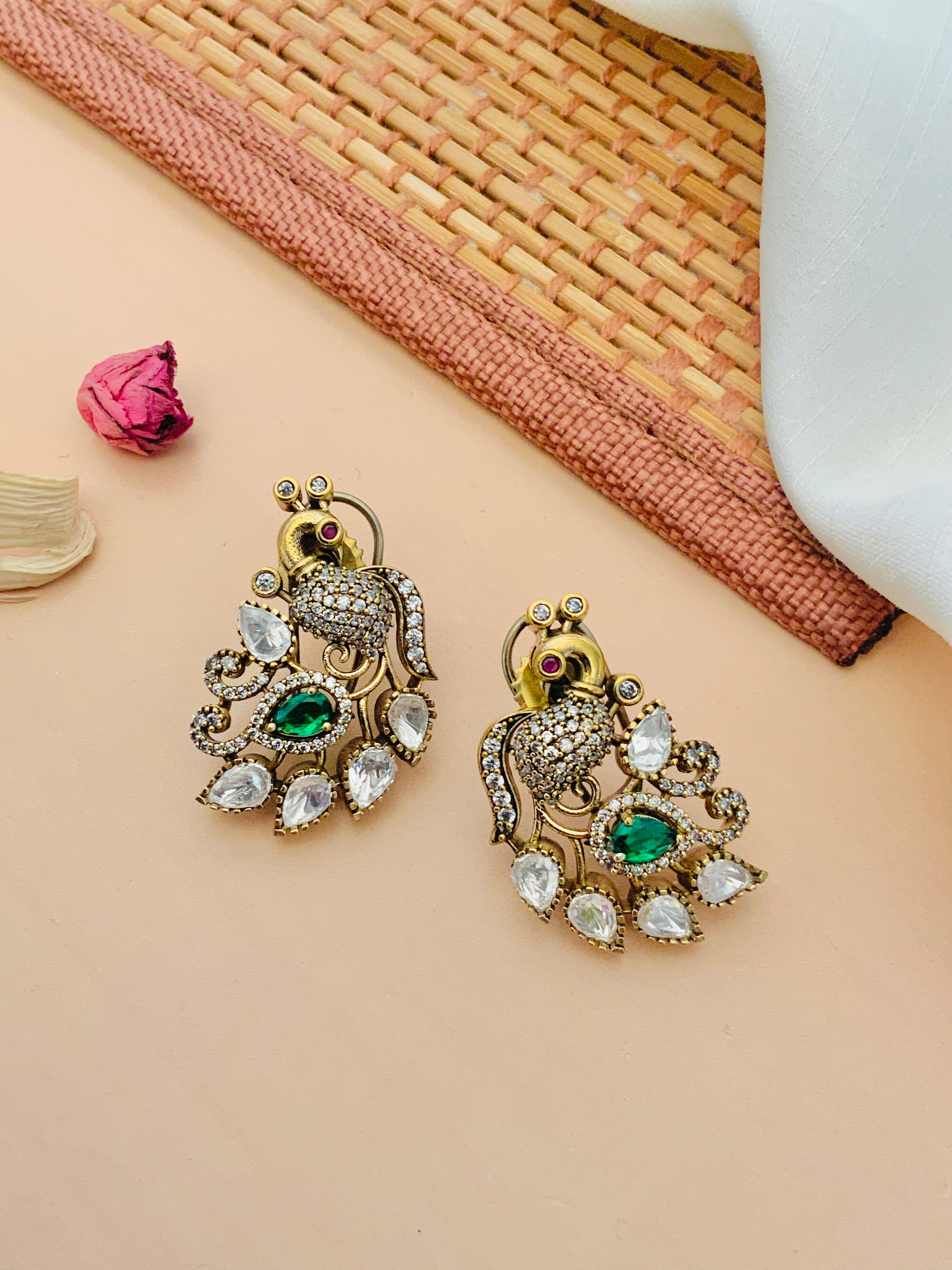 Gold Plated Peacock Polki Stud Earring with intricate green and white stones by Abdesignsjewellery