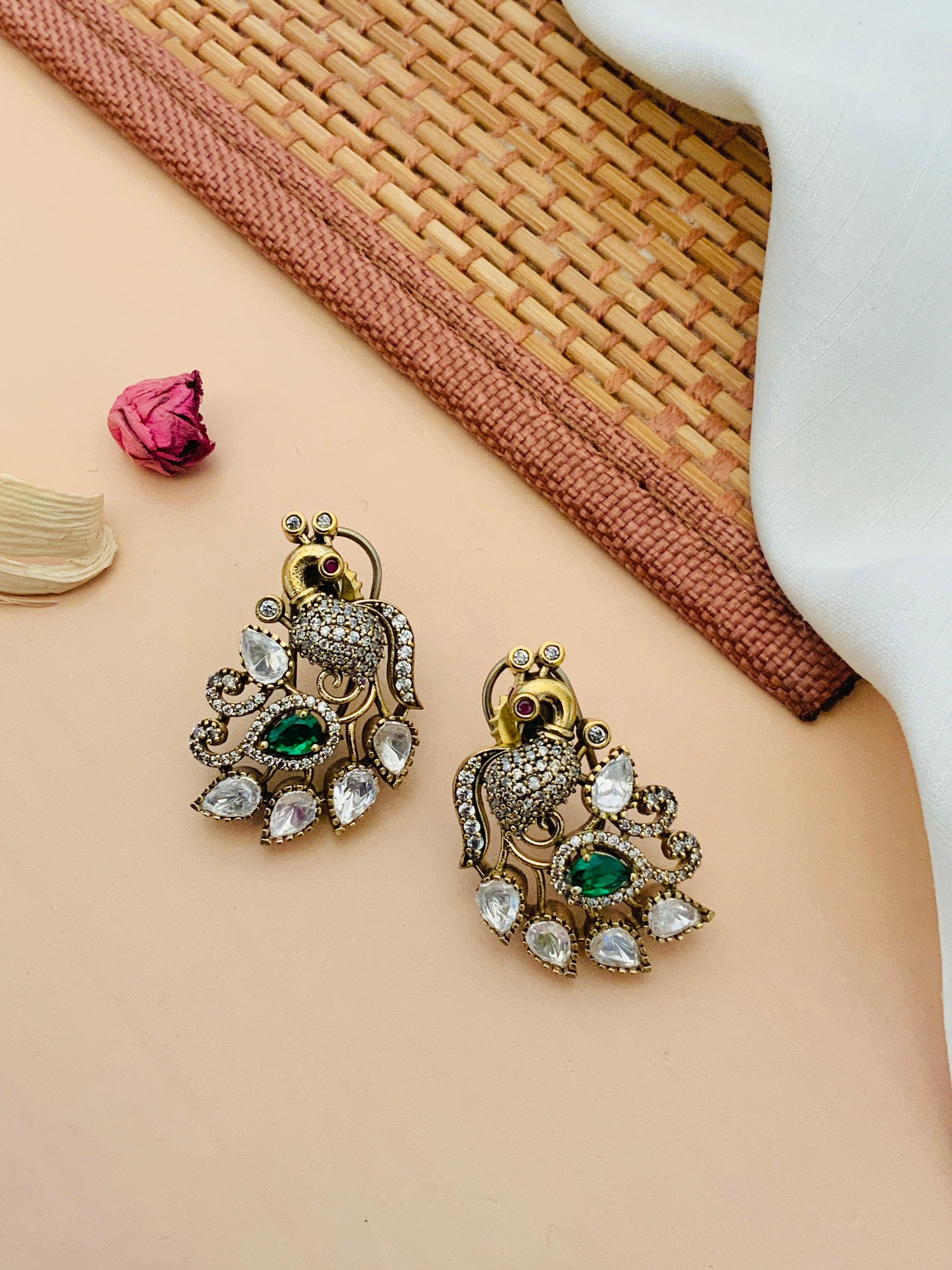 Gold Plated Peacock Polki Stud Earring with green and white stones from Abdesignsjewellery