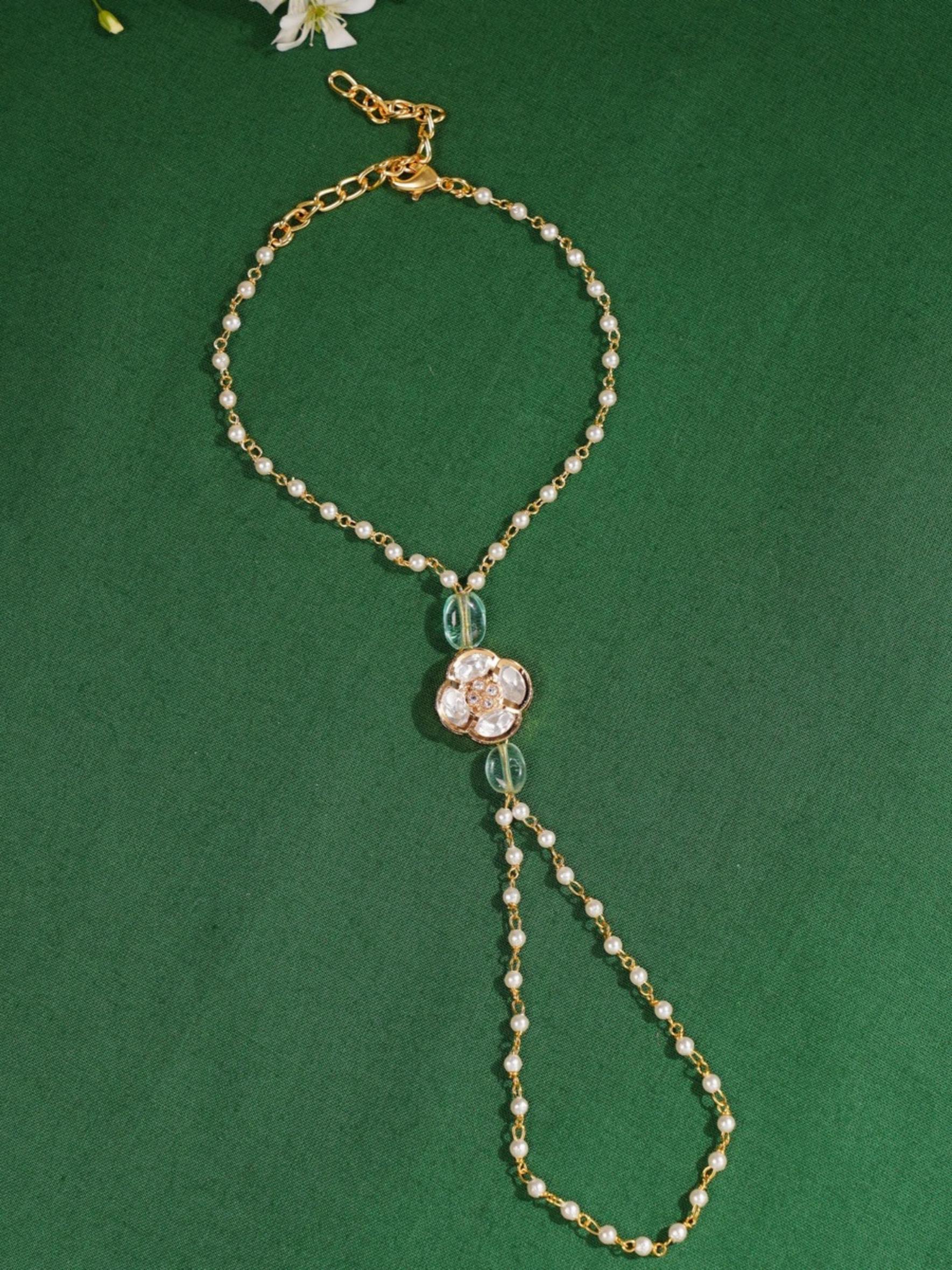 Gold Plated Polki Hand Bracelet by Abdesignsjewellery with delicate beads and floral centerpiece
