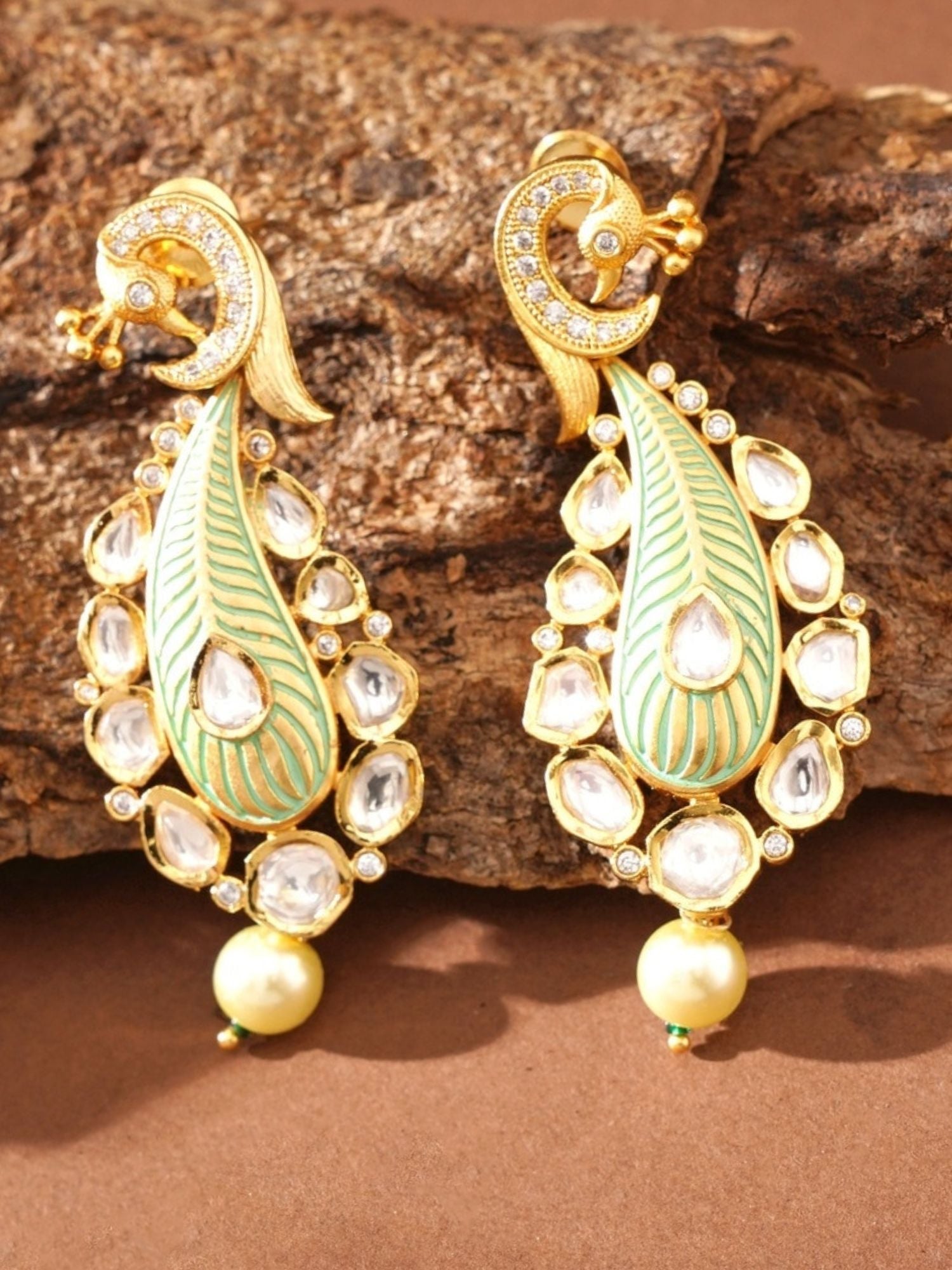 Gold Plated Polki Kundan Earrings with intricate green enamel and pearl drop by Abdesignsjewellery