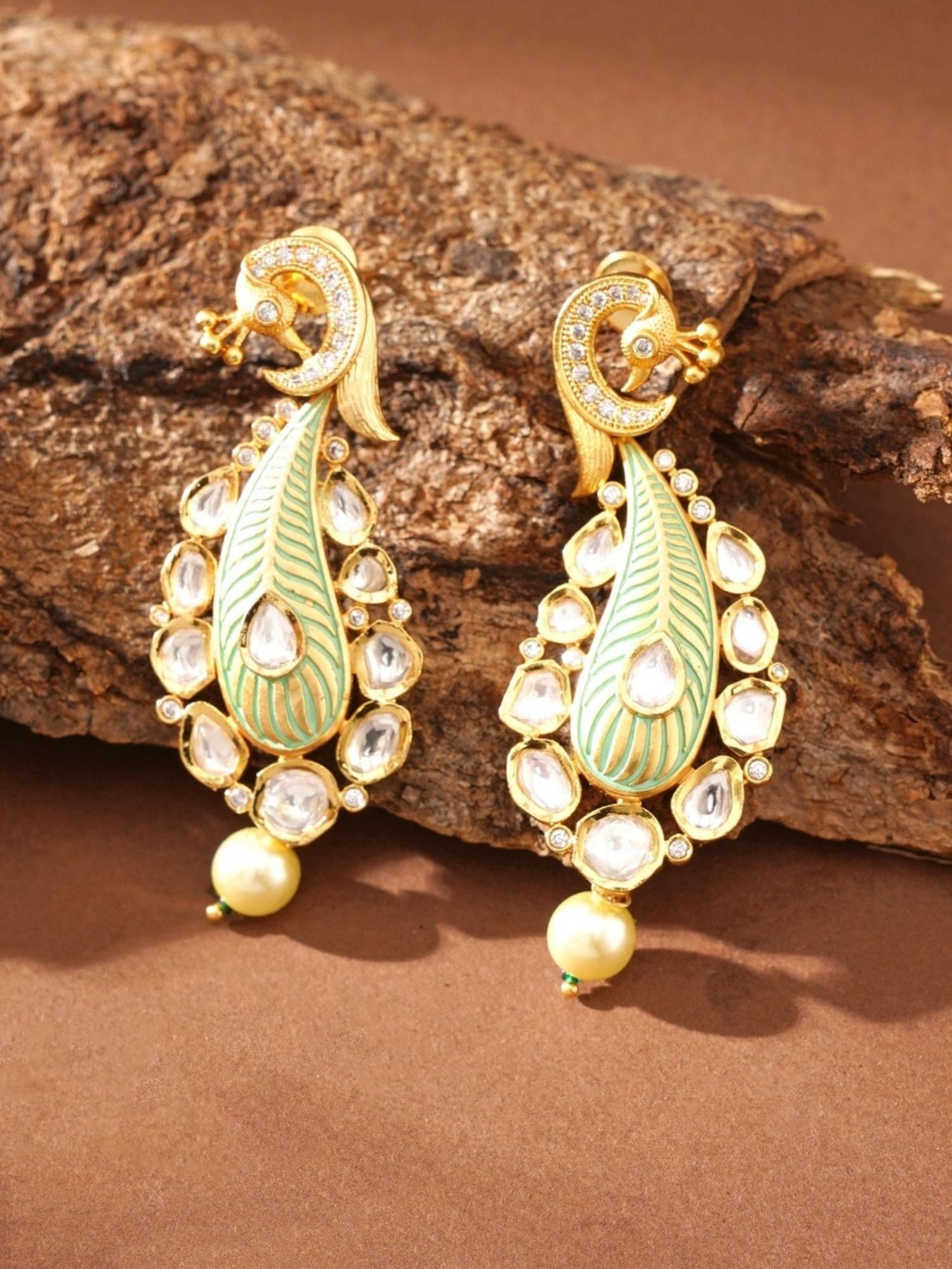 Gold Plated Kundan Earrings with intricate green enamel and pearl drop by 