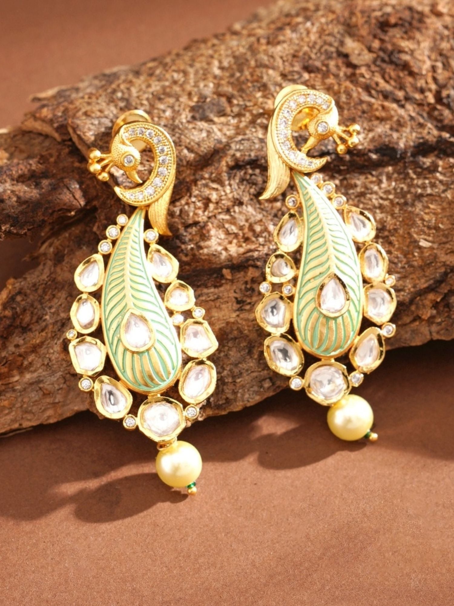 Gold Plated Polki Kundan Earrings with intricate green enamel and pearl drop by 