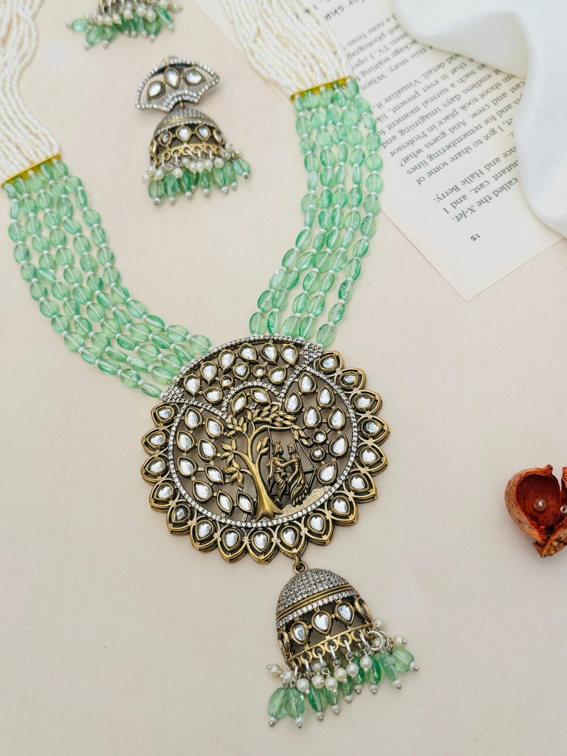 Gold Plated Polki Layered Bridal Necklace with green beads and detailed pendant by Abdesignsjewellery