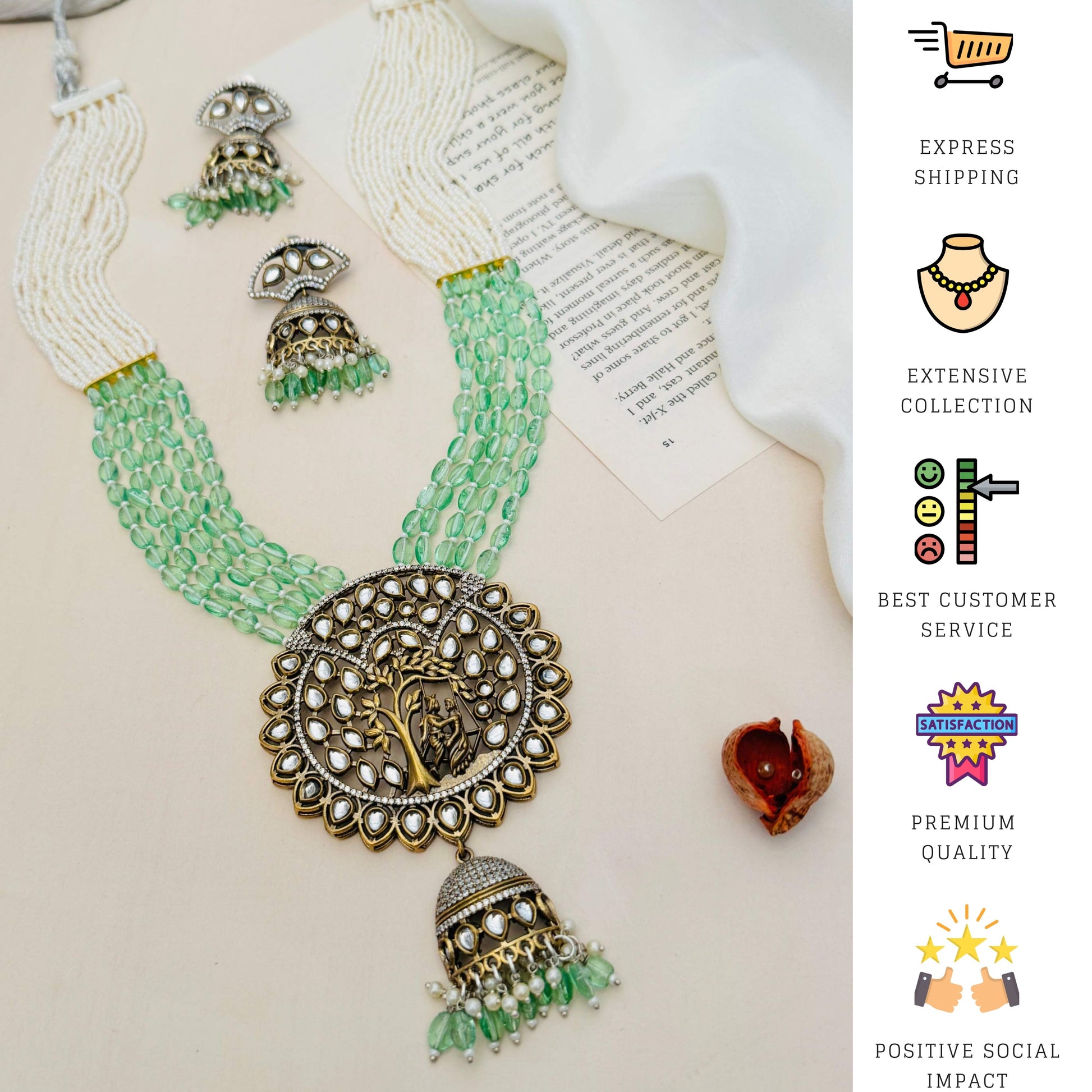 Gold Plated Polki Layered Bridal Necklace with green beads and matching earrings by Abdesignsjewellery