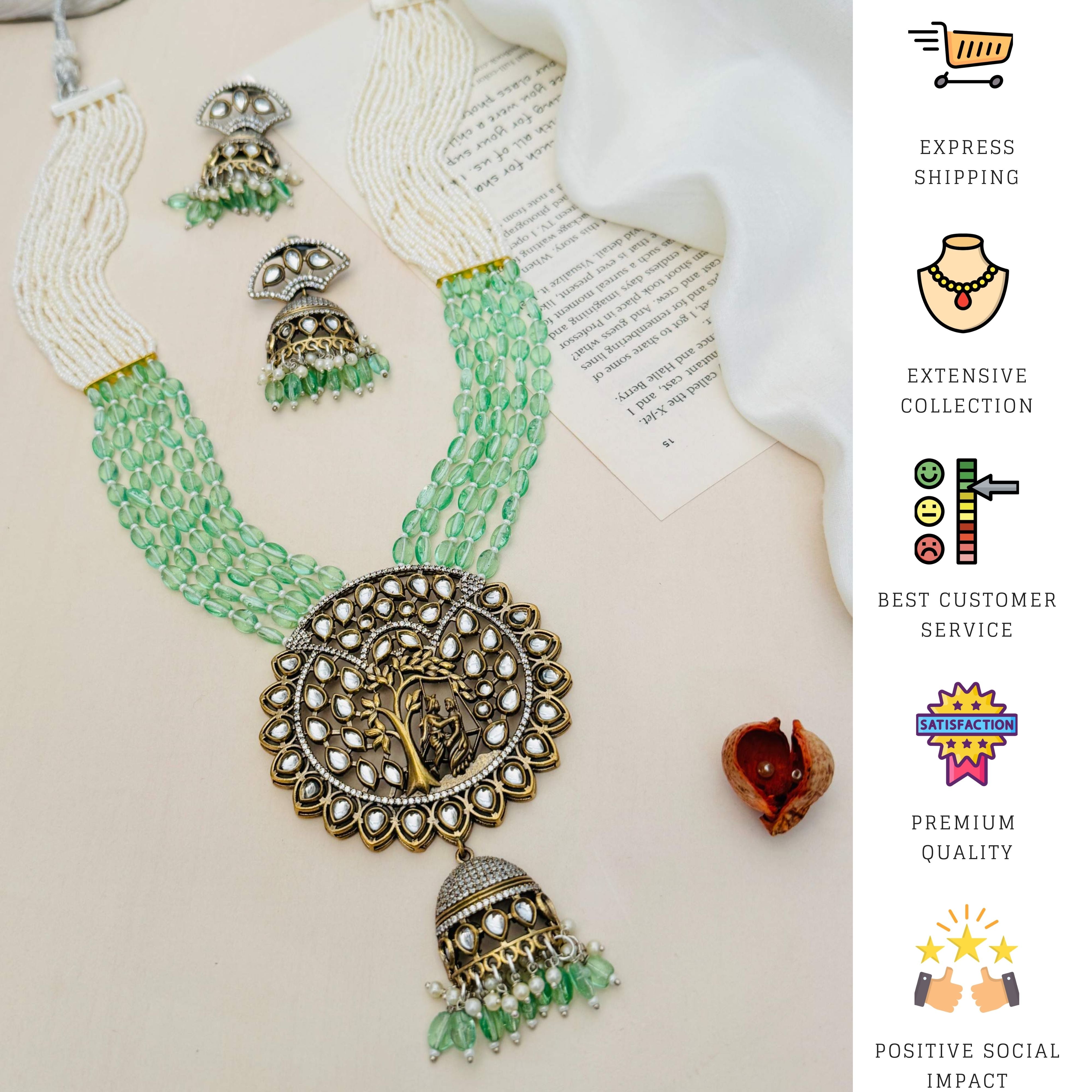 Gold Plated Polki Layered Bridal Necklace with green beads and matching earrings by Abdesignsjewellery