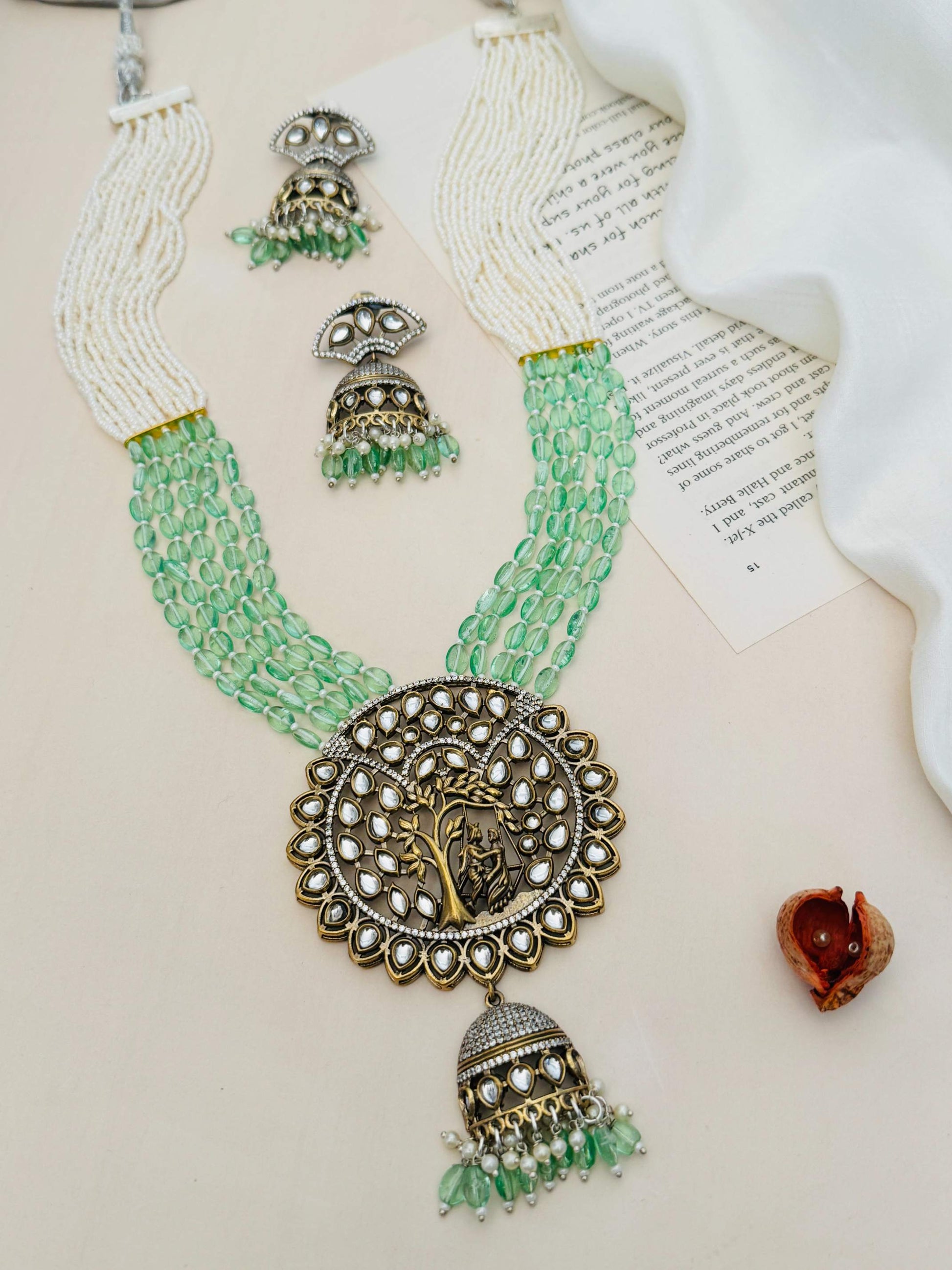 Gold Plated Polki Layered Bridal Necklace with green beads and matching earrings by Abdesigns