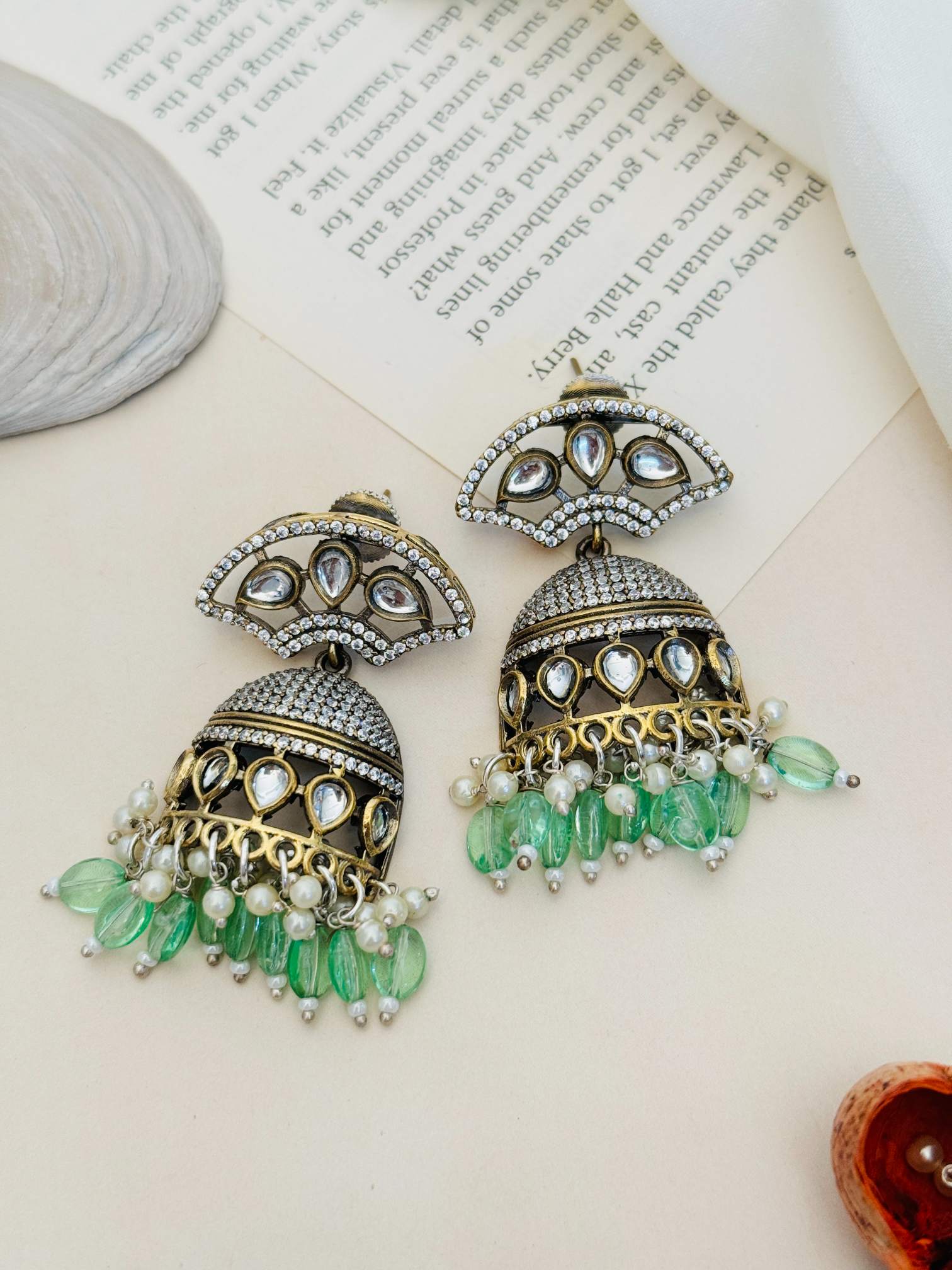 Gold Plated Polki Layered Bridal Necklace earrings with green and white bead embellishments by Abdesignsjewellery