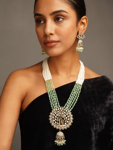 Abdesignsjewellery Gold Plated Polki Layered Bridal Necklace with intricate centerpiece and green bead strands
