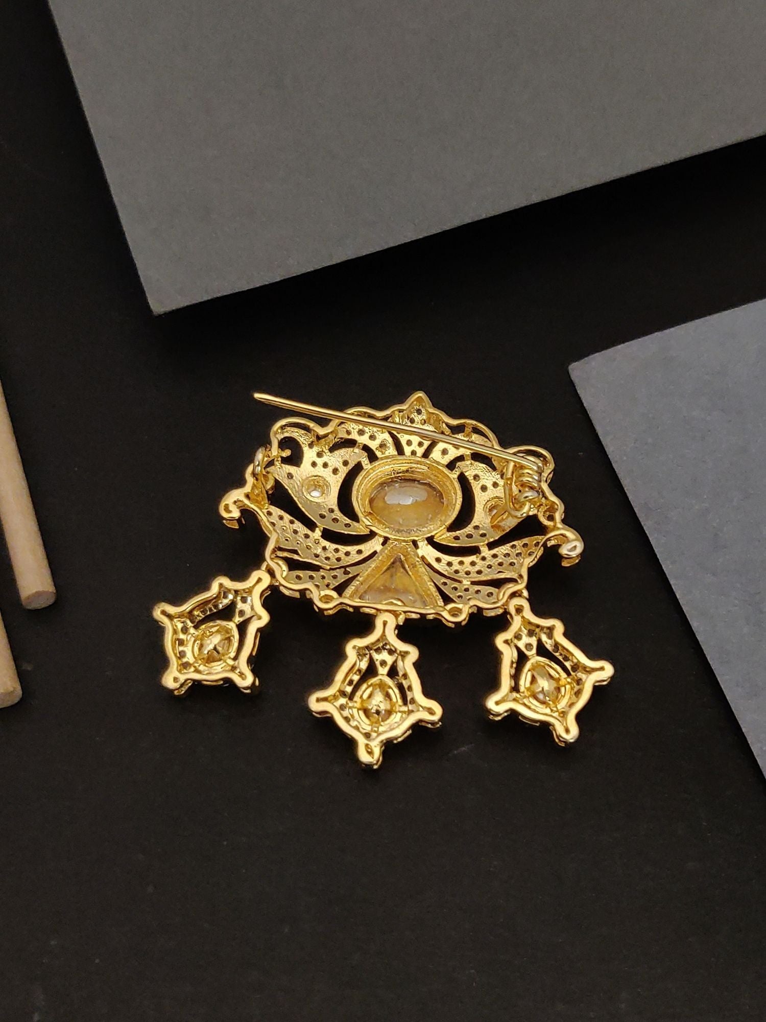 Gold Plated Polki Mens Brooch Pin with intricate design and three dangling ornaments