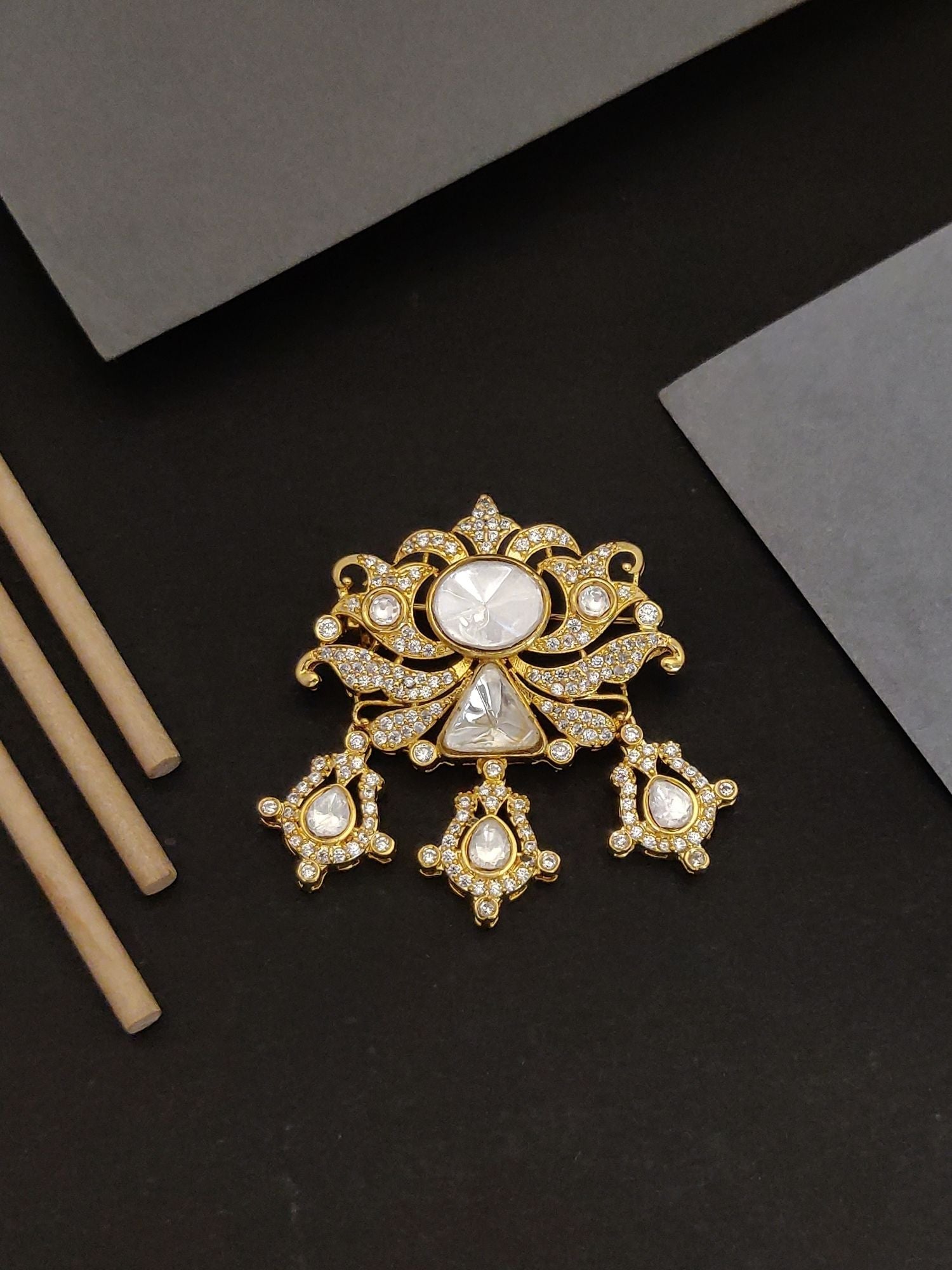 Gold Plated Polki Mens Brooch Pin with intricate design and white stone embellishments by Abdesignsjewellery