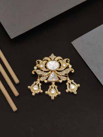 Gold Plated Polki Mens Brooch Pin with intricate design and white stone embellishments by Abdesignsjewellery