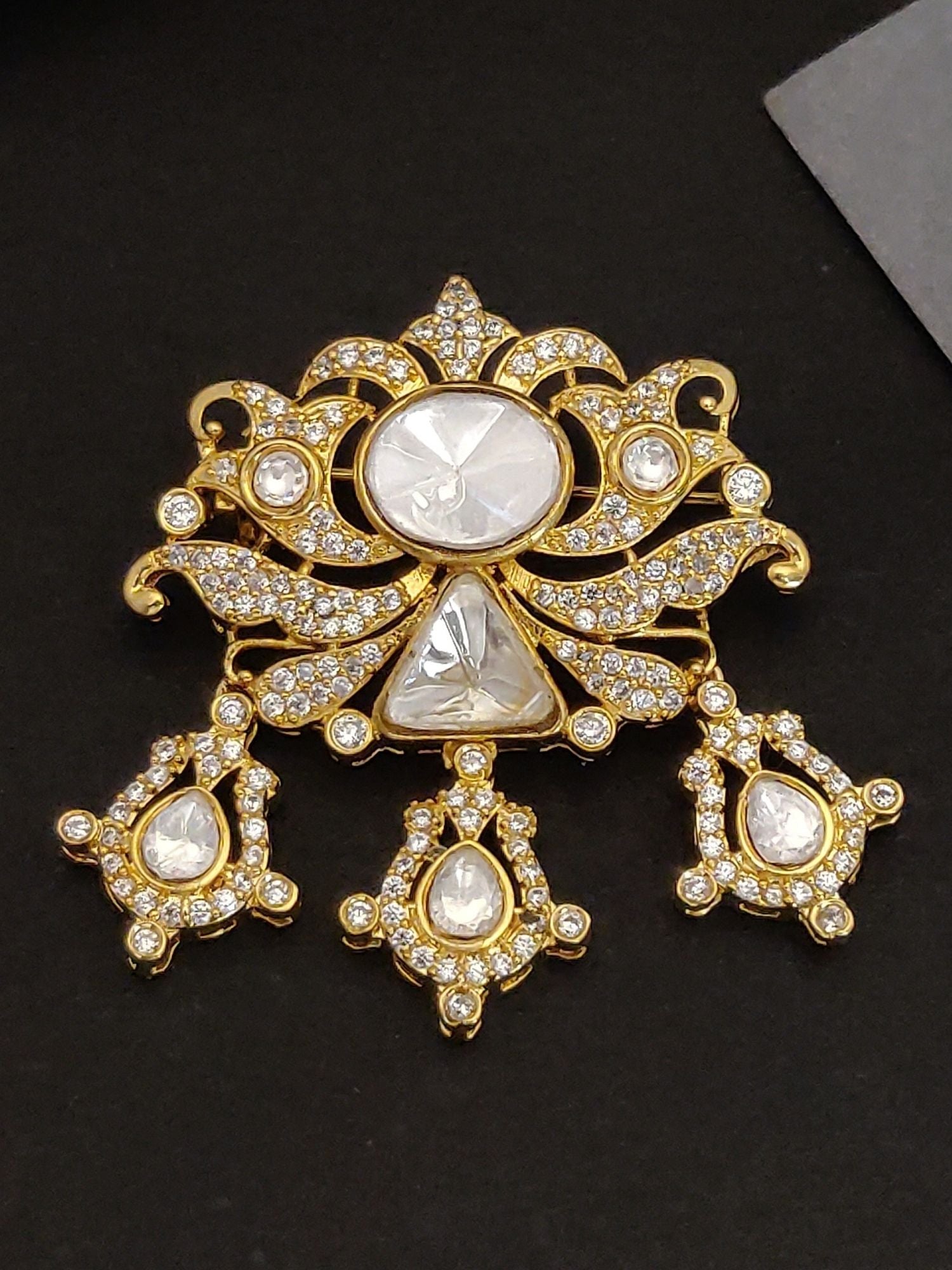 Gold Plated Polki Mens Brooch Pin with intricate white stone detailing and ornate design by Abdesignsjewellery