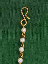 Thumbnail for Gold Plated Polki Paachi Kundan Maangtikka with pearl accents and hook clasp on green fabric