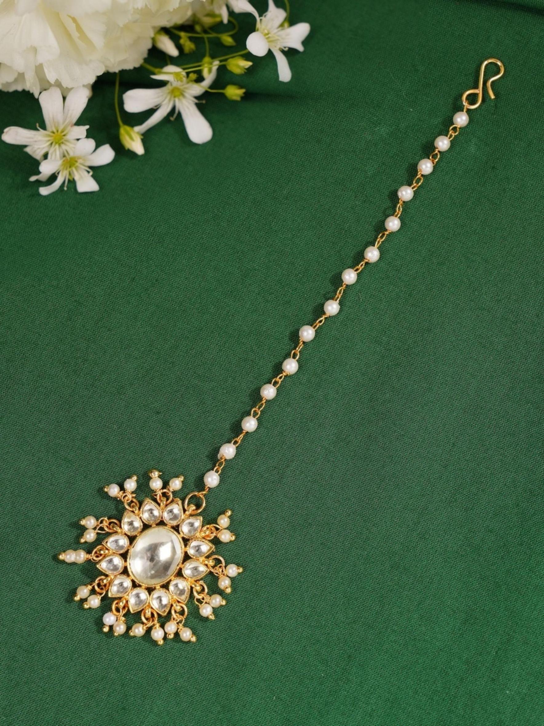 Gold Plated Polki Paachi Kundan Maangtikka with pearl accents and intricate floral design by Abdesignsjewellery