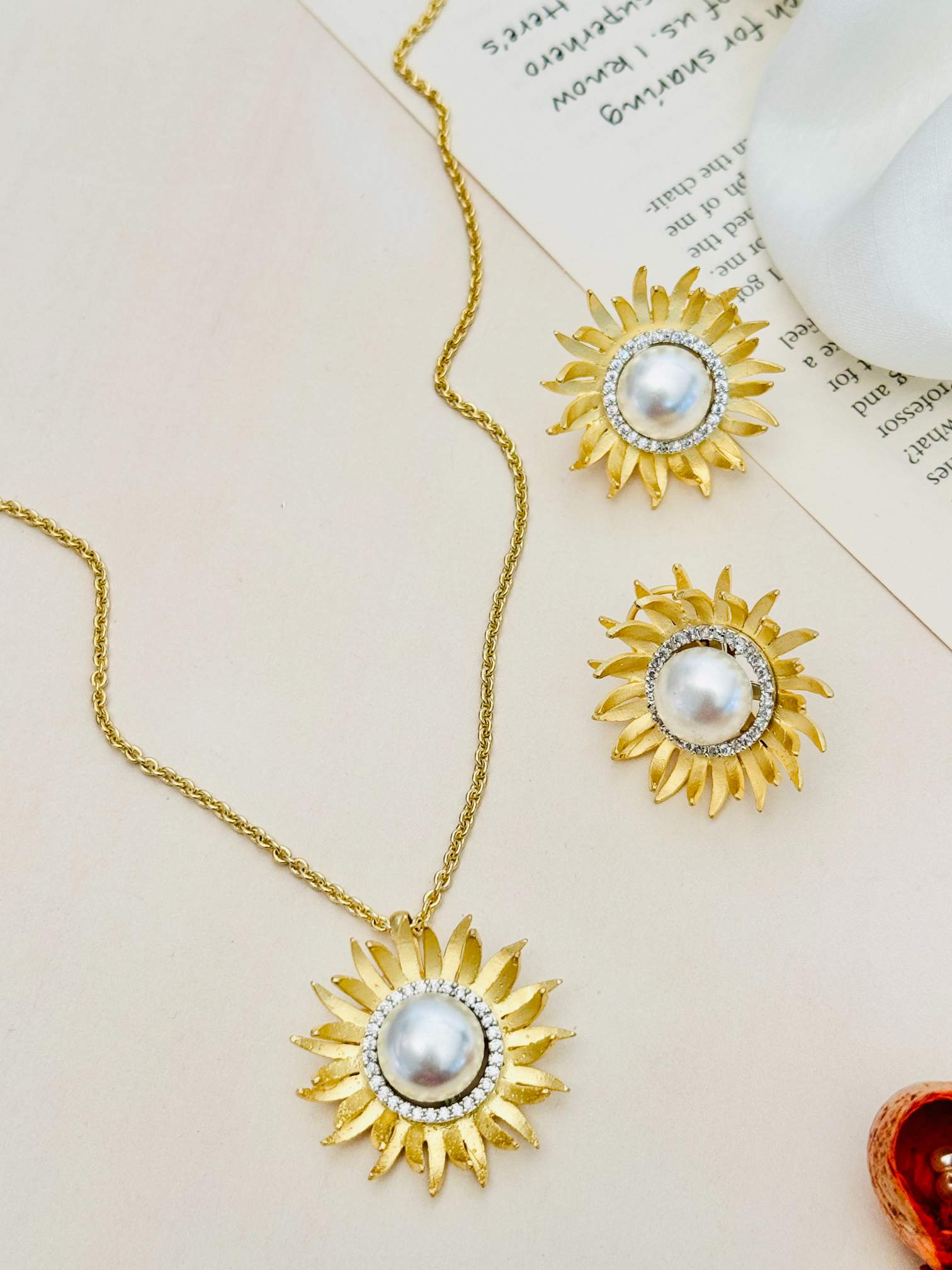 Gold Plated Polki Pendant Chain Set with sunburst design and pearl center by Abdesignsjewellery