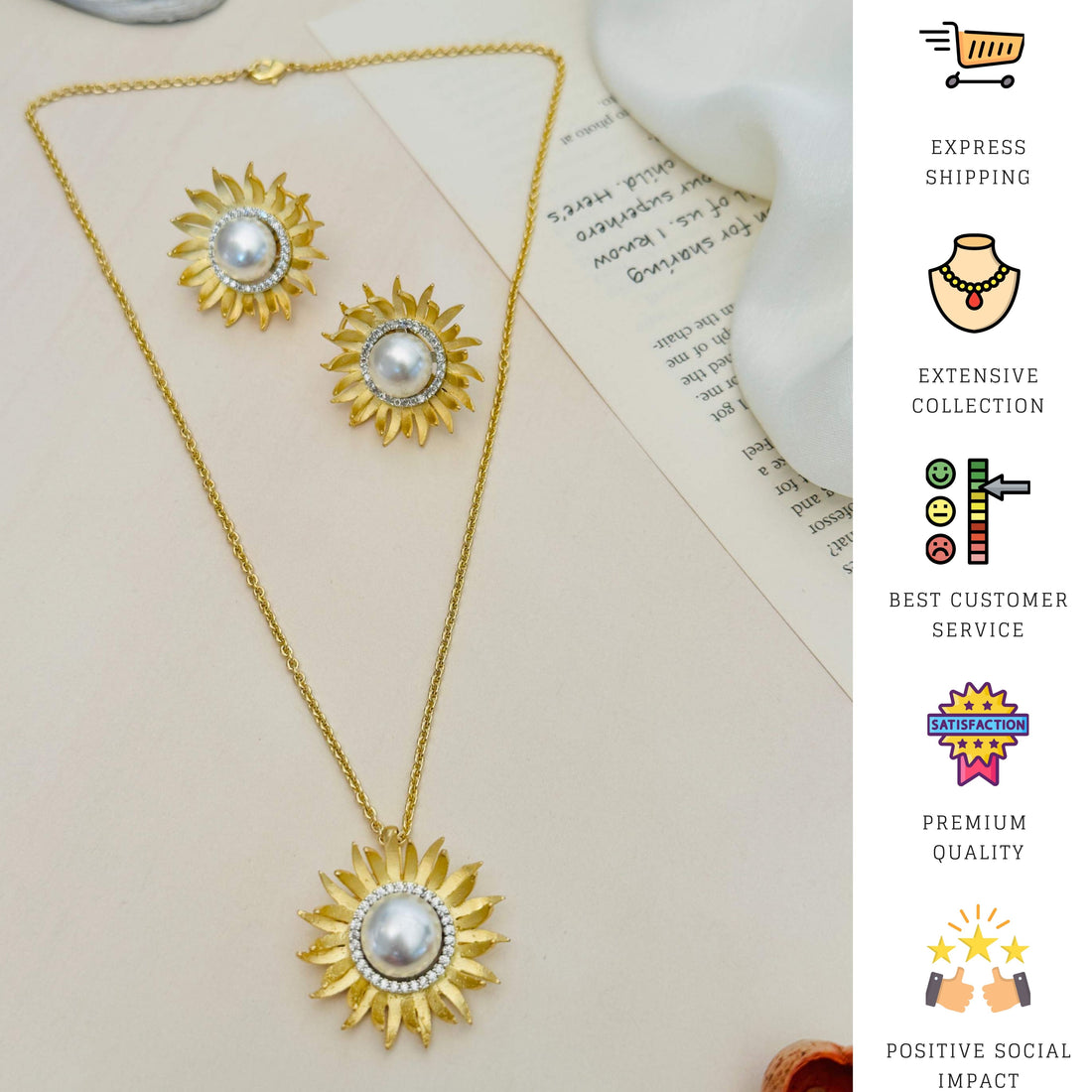 Gold Plated Polki Pendant Chain Set worn by woman featuring sunburst design pendant and matching earrings