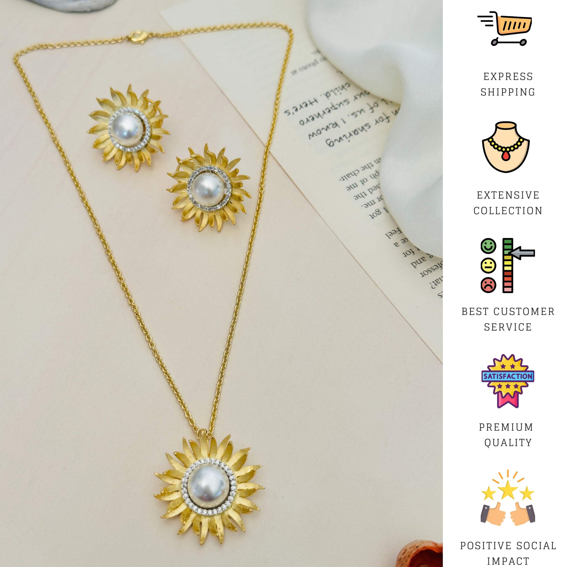 Gold Plated Polki Pendant Chain Set with Sunflower Design and Matching Earrings by Abdesignsjewellery