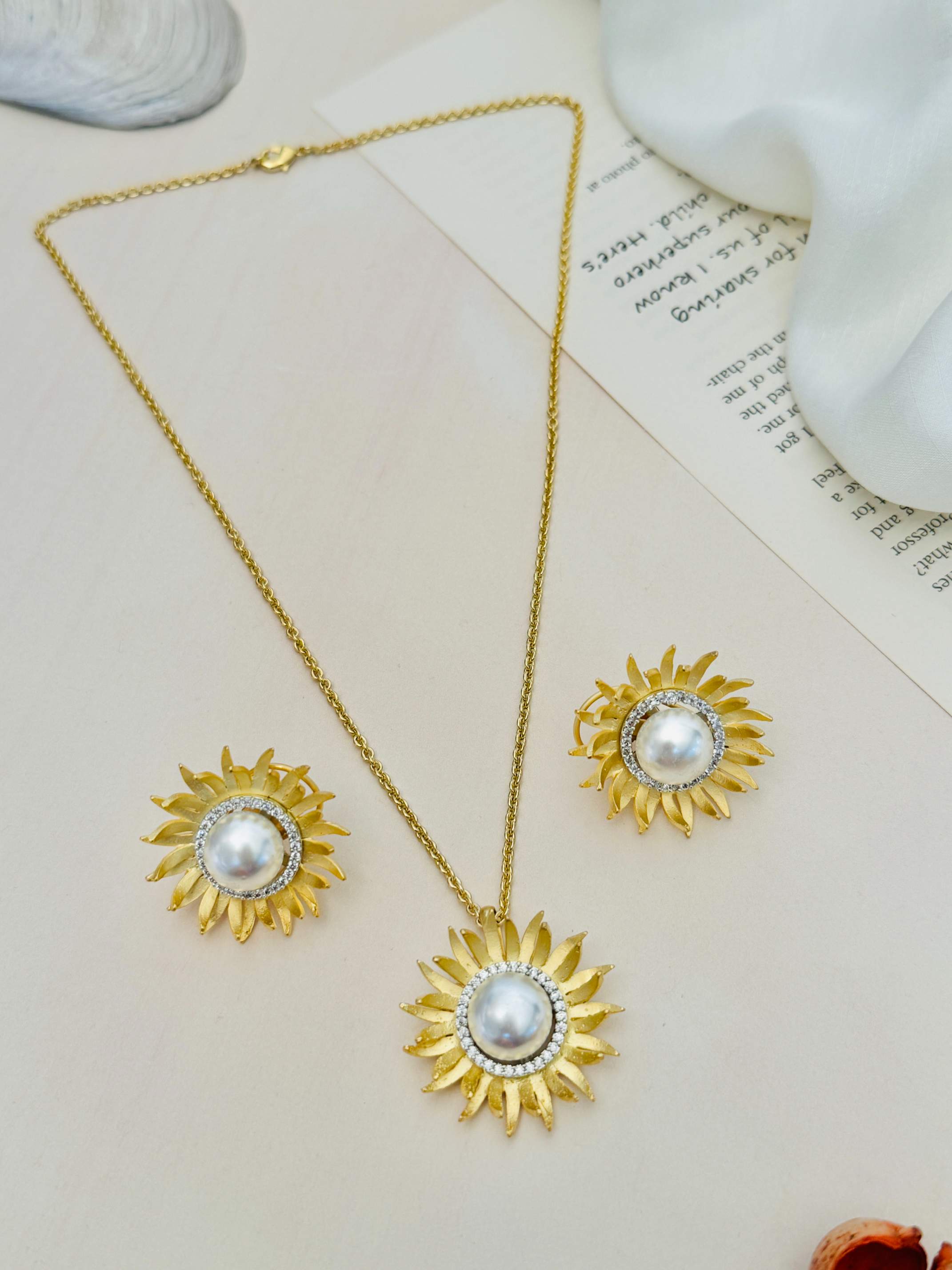 Gold Plated Polki Pendant Chain Set featuring a sunburst design with pearl center and gold tone finish