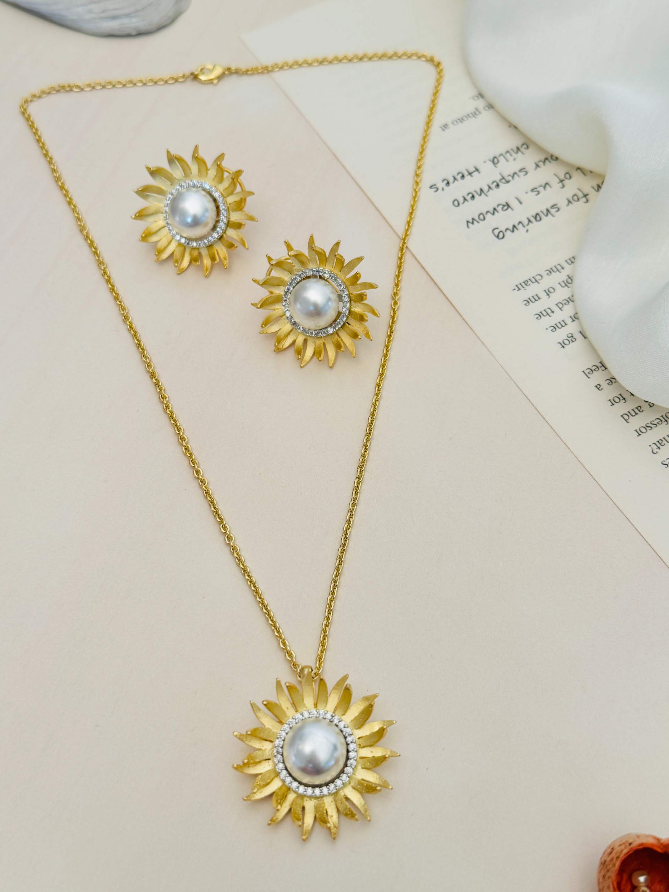 Gold Plated Polki Pendant Chain Set with sunflower design and pearl center by Abdesignsjewellery