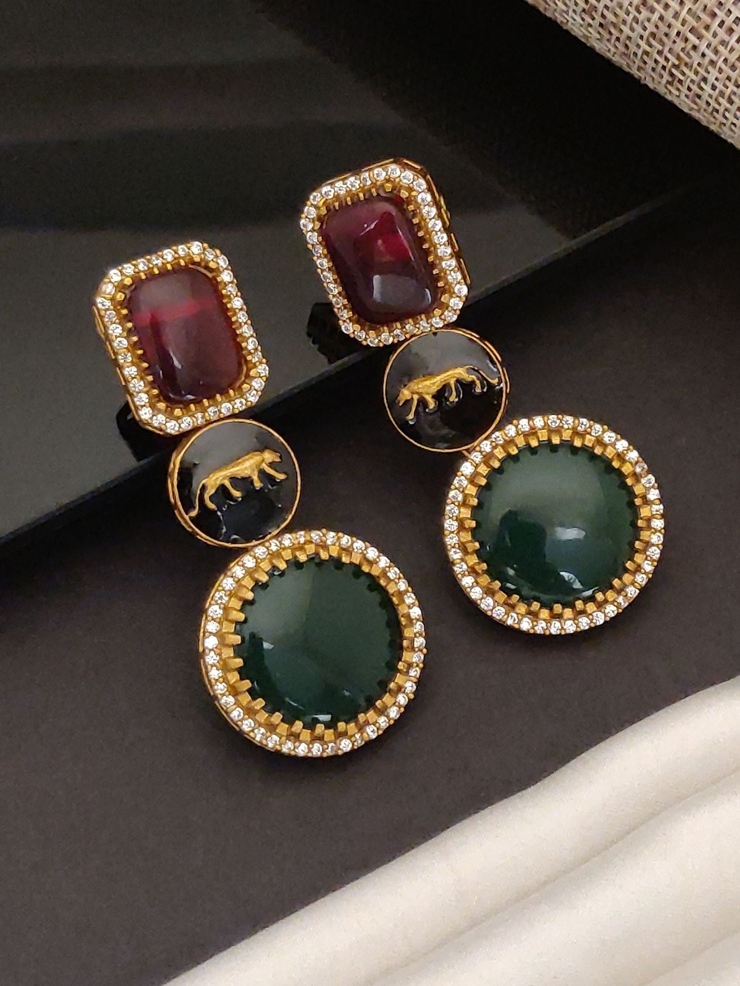 Gold Plated Sabyasaachi Style Earring with red and green stones and intricate gold detailing