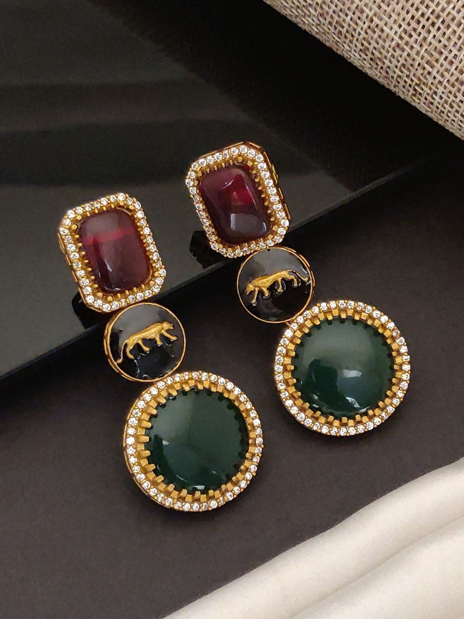 Gold Plated Sabyasaachi Style Earring with red and green stones and intricate gold detailing by Abdesignsjewellery