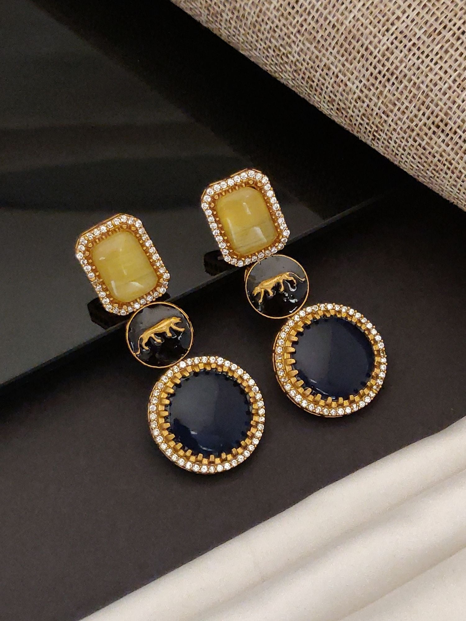 Gold Plated Sabyasaachi Style Earring with yellow and black stones and intricate gold detailing