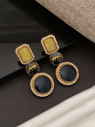 Gold Plated Sabyasaachi Style Earring with yellow and black stones and intricate gold detailing